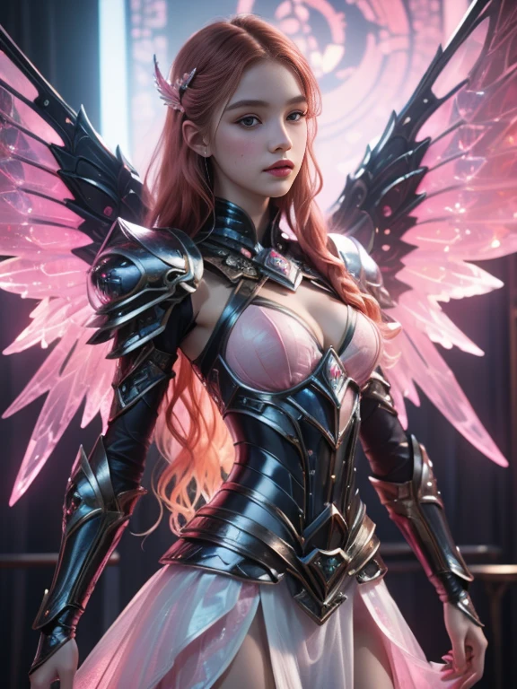 1 girl age 19, solo, aesthetic artwork, irish ((pinkhead, long wavy ginger hair)), grayeyes light, some small freckles on the face, pale skin, A-cup, medium breasts, slim body, runners body, (textured skin, skin pores:1,1), (moles:0,8), imperfect skin, ((super mecha armor pink and white, intrincate detail, high detailed)), ((long skirt armor metalic pink, high detailed, armor skirt)), ((super huge mechanical pink and white angelic wings)), (extremely detailed 8K wallpaper), full body, soft lighting, high quality, film grain, fujifilm XT3 sharp focus, f 5.6, 50mm, high detailed, sharp focus, complex details