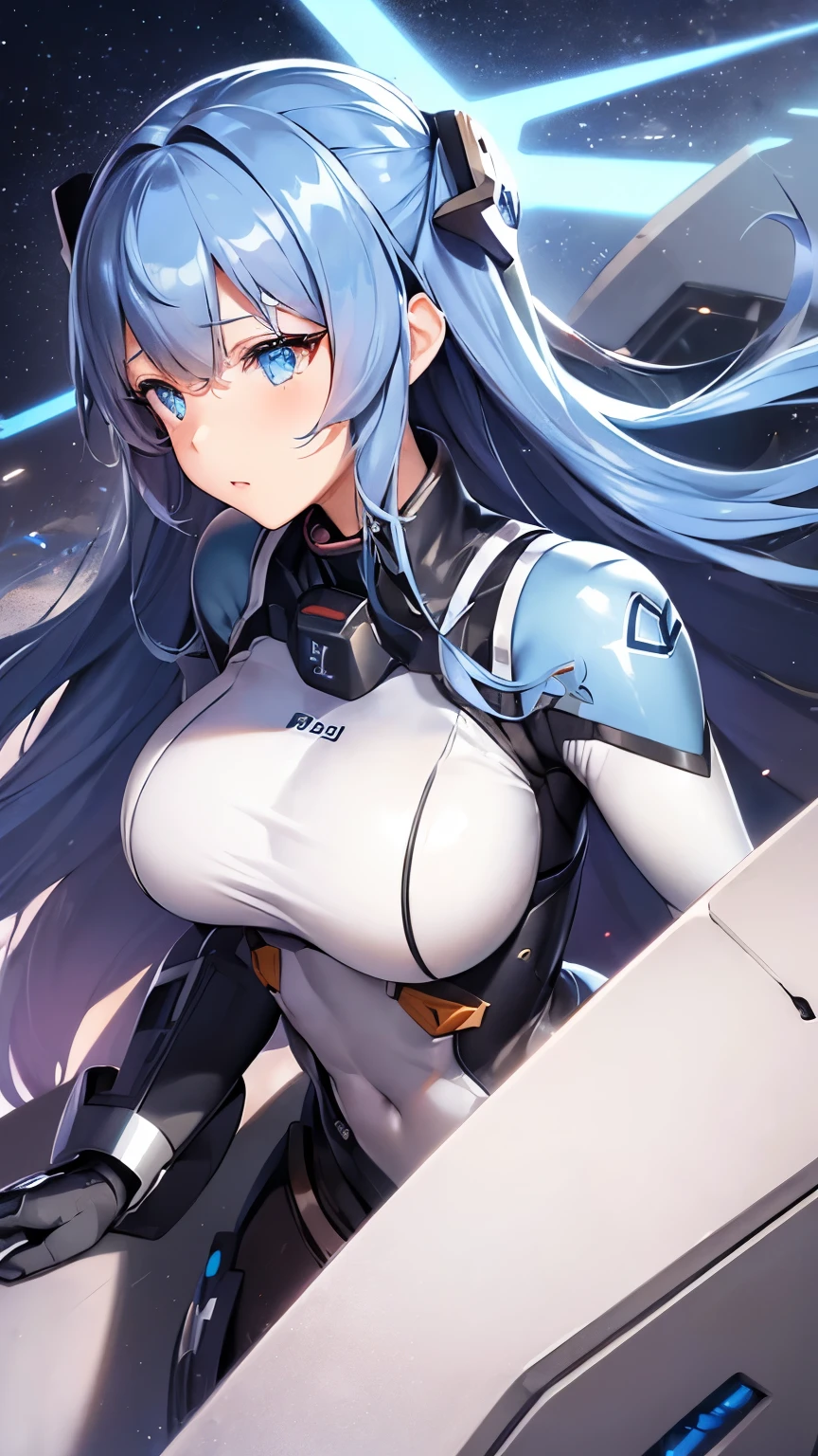 ((mecha musume)), portrait, frontline of girls, cg game, cover, best quality, 1girl, cloudy sky, smoke, long hair, cape, training skintight uniform, ribbon, movement, beautiful, detailed eyes, blue eyes, long hair , very detailed, finely detailed, (stars), (highlighted hair), ((ink blue hair)), (white inner hairs),