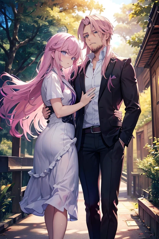 A muscular blonde haired man with blue eyes with long hair and a dark beard is walking through the forest with a pink haired woman with violet eyes.
