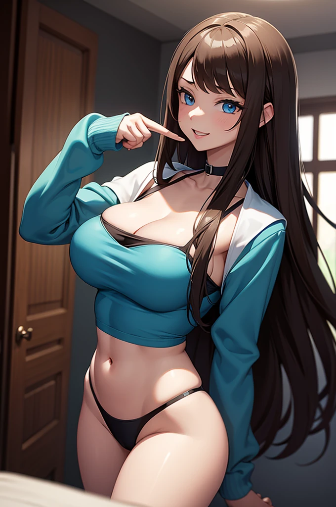 one Rebecca wearing a black bikini, long brown hair, blue eyes, y hourglass figure, holding up an L with her thumb and index finger, laughing sadlly, view from below her, [ 4 k digital art ]!!, seductive anime girl, deviantart artstation cgscosiety, trending on cgstation, 8k high quality detailed art, photorealistic anime girl render, kawaii hq render, commission for high res, thicc