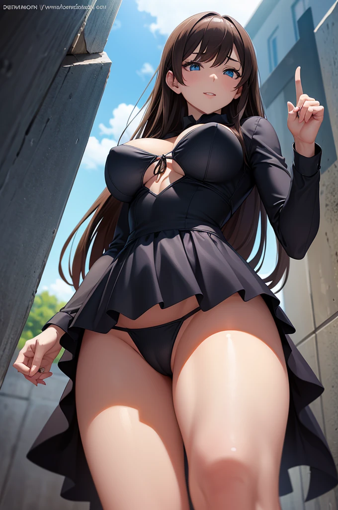 one Rebecca wearing a black bikini, long brown hair, blue eyes, sexy hourglass figure, holding up an L with her thumb and index finger, laughing sadistically, view from below her, [ 4 k digital art ]!!, seductive anime girl, deviantart artstation cgscosiety, trending on cgstation, 8k high quality detailed art, photorealistic anime girl render, kawaii hq render, commission for high res, thicc