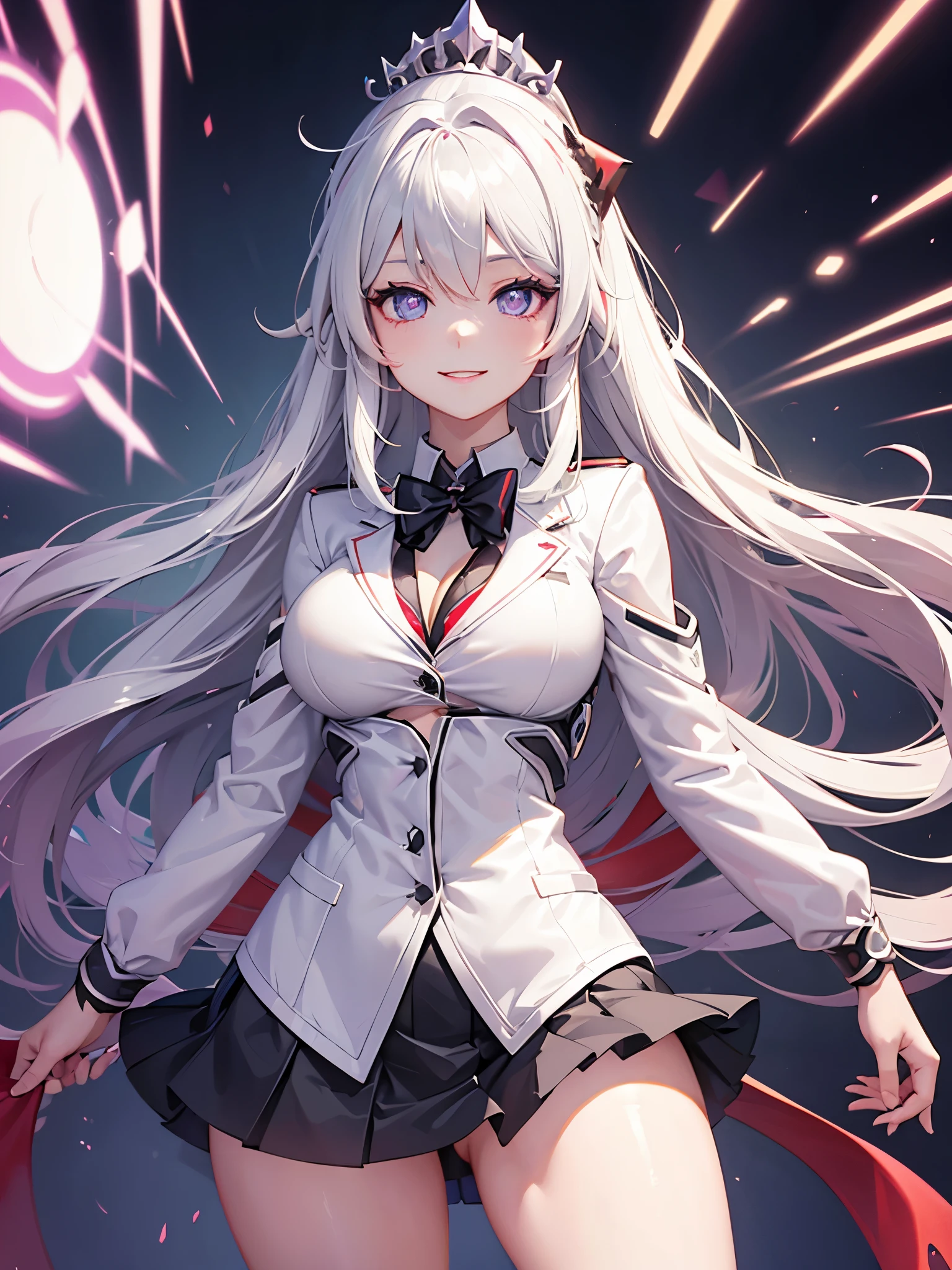Kiana kaslana, big boobs, wearing an unzipped jacket a white shirt black skirt and red tie, smiling, school uniform, school 