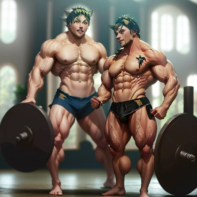 (Eine detaillierte Zeichnung von Asta, bodybuilding gym.), shirtless, barefoot