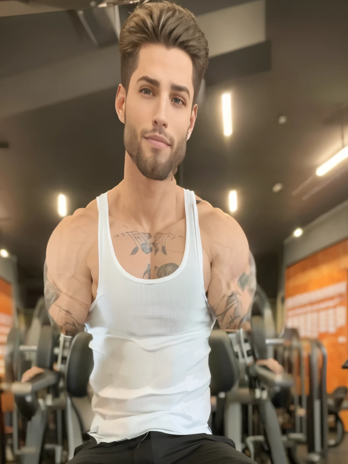 there is a man sitting on a bench em uma academia, rasgado, corredeira no peito, marked muscles, em uma academia, usa, ombros grandes, Rafael Personaz, muscles, peito grande, there is a person, heavy body modification, imagem de perfil, pete davidson, canon on chest, Pontos, peito fofo, com tatuagens, pauldrons ombro enorme. armless. Armless. Missing both arms. amputated arms. 