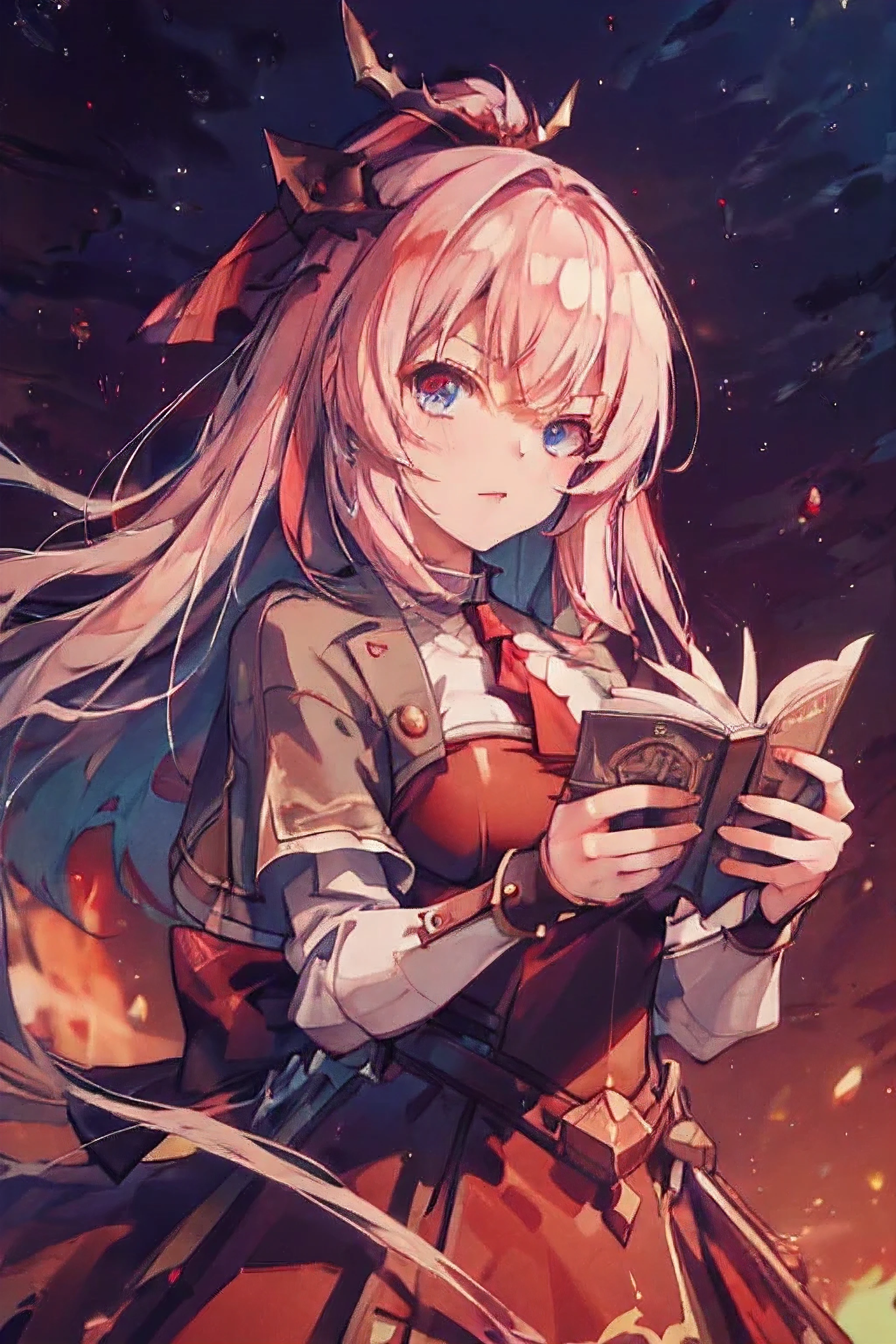 make a demonic warrior with the power of black flames who has red eyes and hair and she wears red clothes
