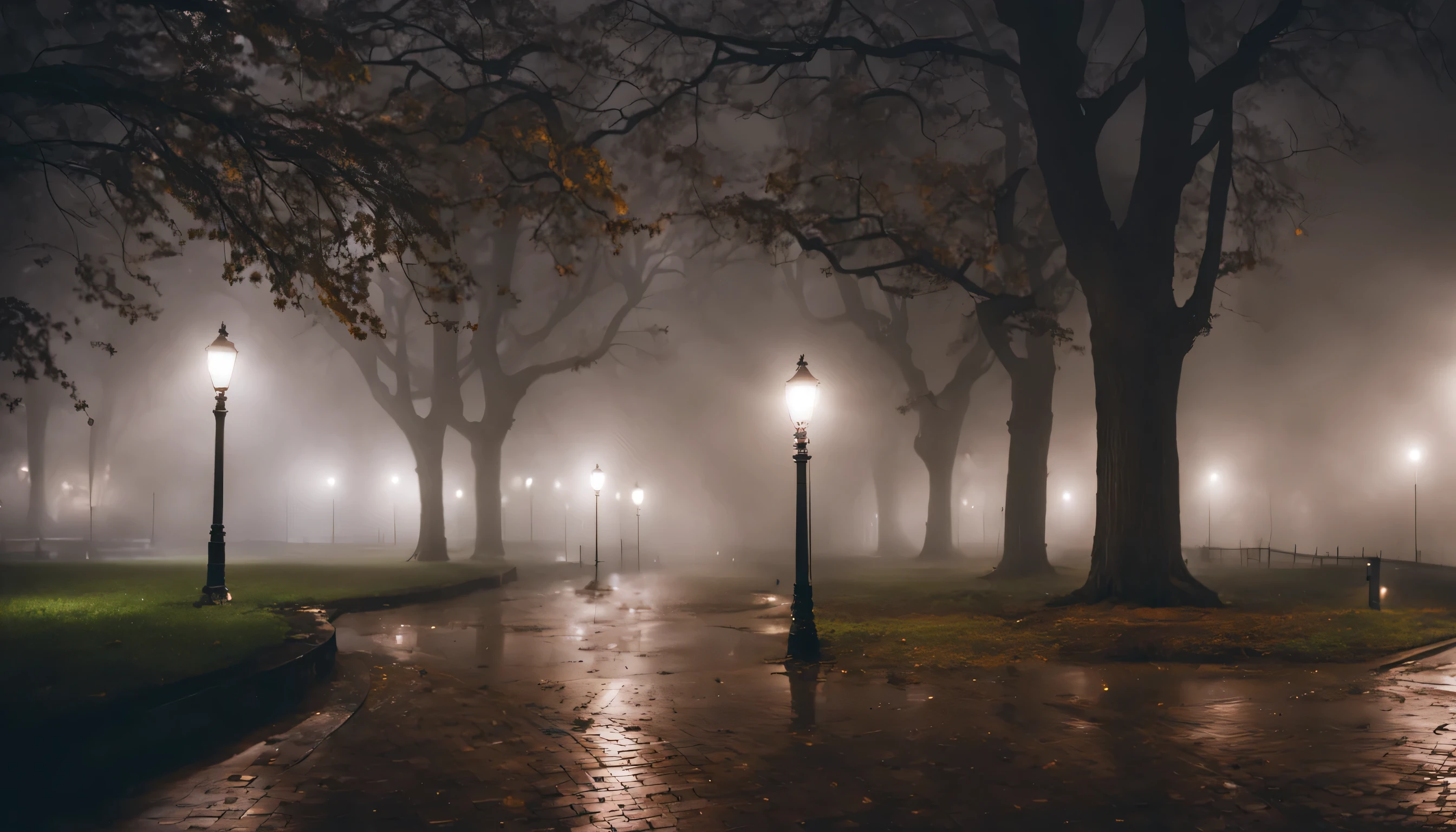 a park at night with fog on a rainy day