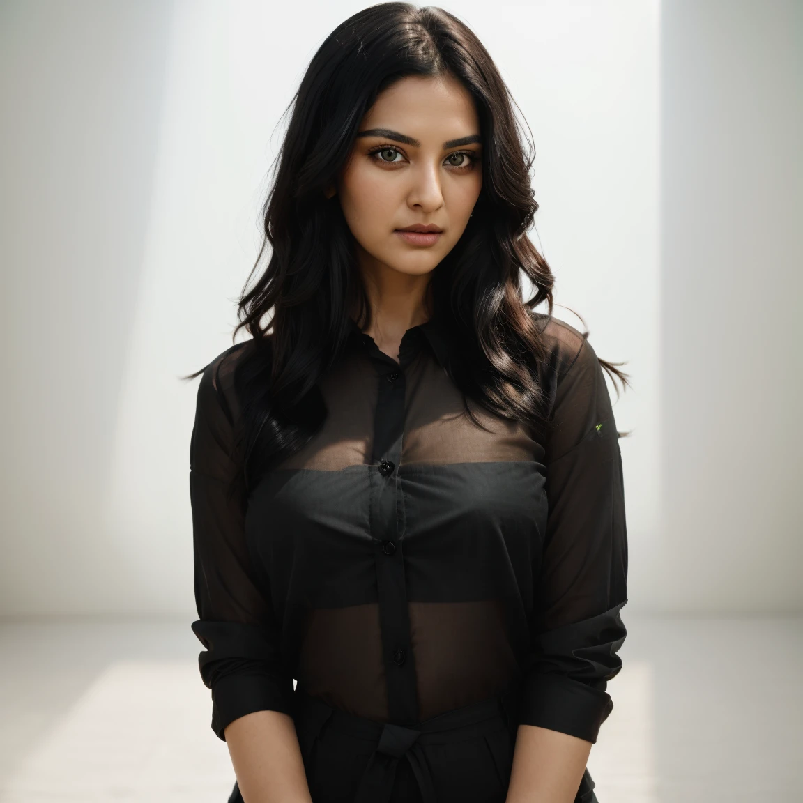 ront view, looking at camera, RAW photo,((black shirt:1.2)), ((portrait)),beautiful black hair 30 years old woman, green eyes, perfecteyes eyes, ((white background:1.2)), studio lighting, high quality, film grain, Fujifilm XT3, centralized