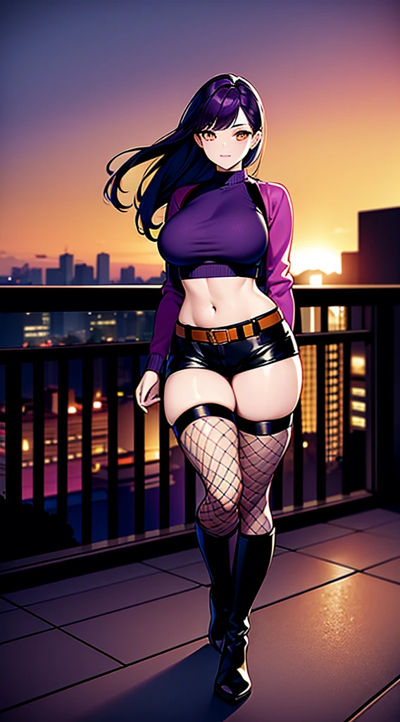 (masterpiece), high-definition, vibrant colors, korean girl, big boobs, big hips, messy dark purple hair, orange eyes, crop top sweater, jacket, shorts, belt, thong, thigh high stockings, boots, fishnet, balcony, leaning on the railing, sunset