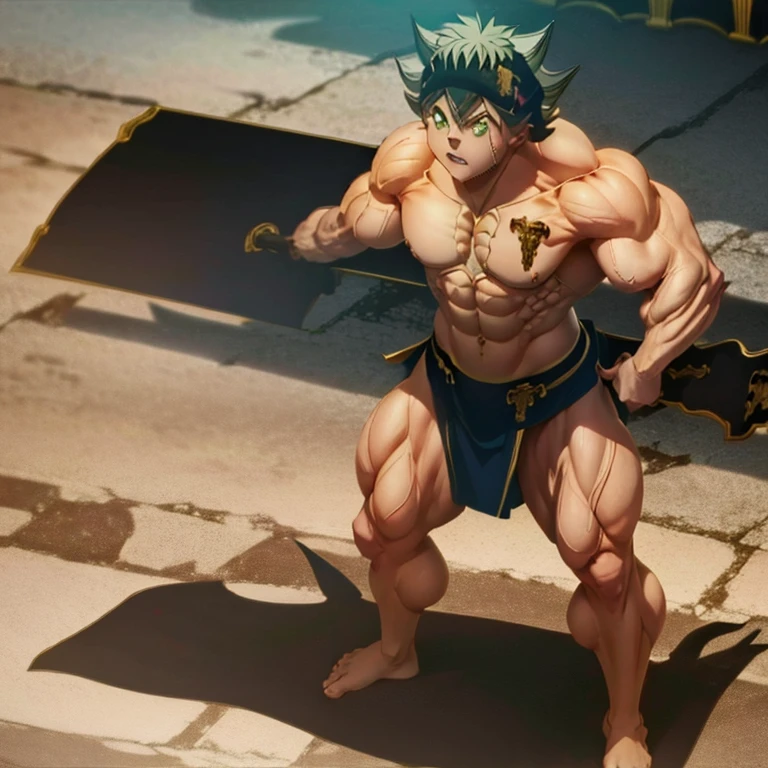 Anime, High quality full body image of asta as a bodybuilder in a tight thong, ohne Schuhe, Feet, bare Feet, massive muscular body, huge muscular shoulders, Massive big biceps, Venen im Bizeps, Muskelbeine, massive muscular abs, Bizepsflex. posierend, er schwitzt, very muscular, The toned body shines in the spotlight,  on a stage and shows off his muscles , a lot of muscular