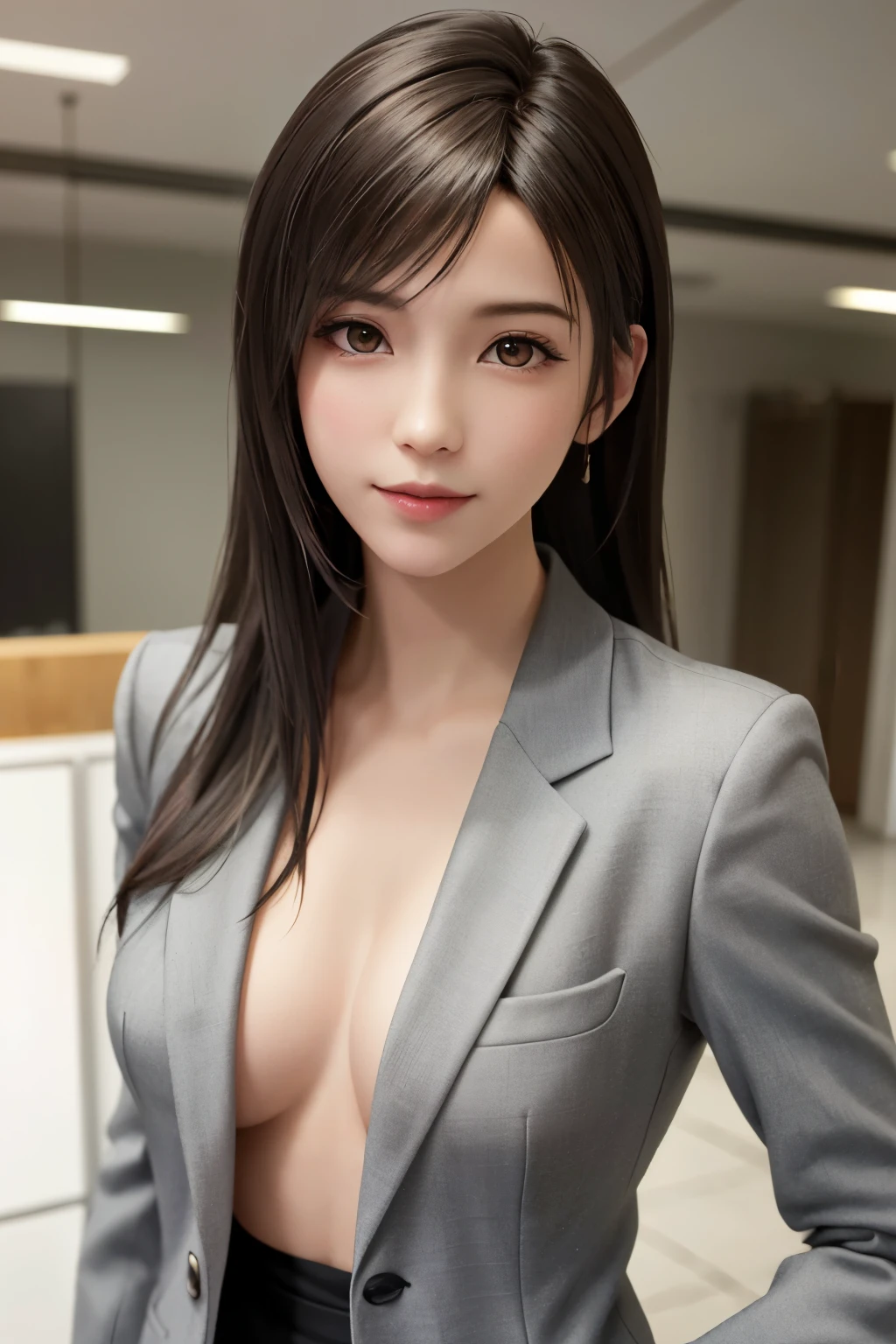 (top quality, masutepiece: 1.1), (Realistic: 1.3), BREAK (((FF7,Tifa_lockhart))),(solo,Tifa:1.2),(japanese ,gray tailored jacket,office:1.3) ,(office, indoor),(sexy pose:1.1),Ultra-detailed face, Detailed eyes,Red eyes, BREAK (((FF7,Tifa_lockhart))),(light brown hair, Large breasts: 1.2), BREAK (Small and beautiful hard nipple)  About 18 years old,kawaii,smile,zettai_ryouiki:1.1,cowboy shot