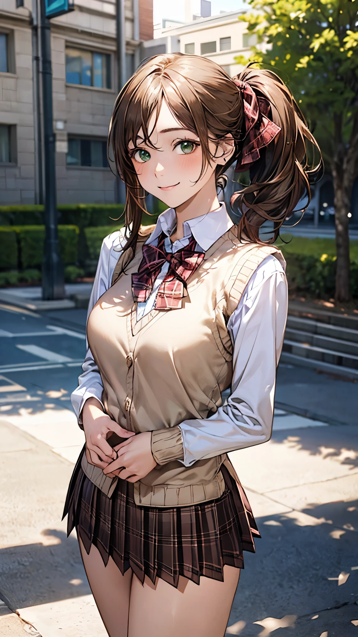 (masterpiece:1.2, top-quality), (realistic, photorealistic:1.4), beautiful illustration, (natural side lighting, movie lighting), 
looking at viewer, cowboy shot, front view:0.6, 1 girl, japanese, high school girl, perfect face, cute and symmetrical face, shiny skin, 
(middle hair:1.5, side ponytail:1.4, sidelocks, light brown hair), parted bangs, emerald green eyes, long eye lasher, (large breasts:0.9, thick thighs), 
beautiful hair, beautiful face, beautiful detailed eyes, beautiful clavicle, beautiful body, beautiful chest, beautiful thigh, beautiful legs, beautiful fingers, 
((light pink long sleeve collared shirts, light brown plaid pleated mini skirt, socks, brown loafers, red pleated bow tie, beige sleeveless knitted vest)), pink panties, 
(beautiful scenery), evening, riverside, walking, hands on chest, (lovely smile, upper eyes), 