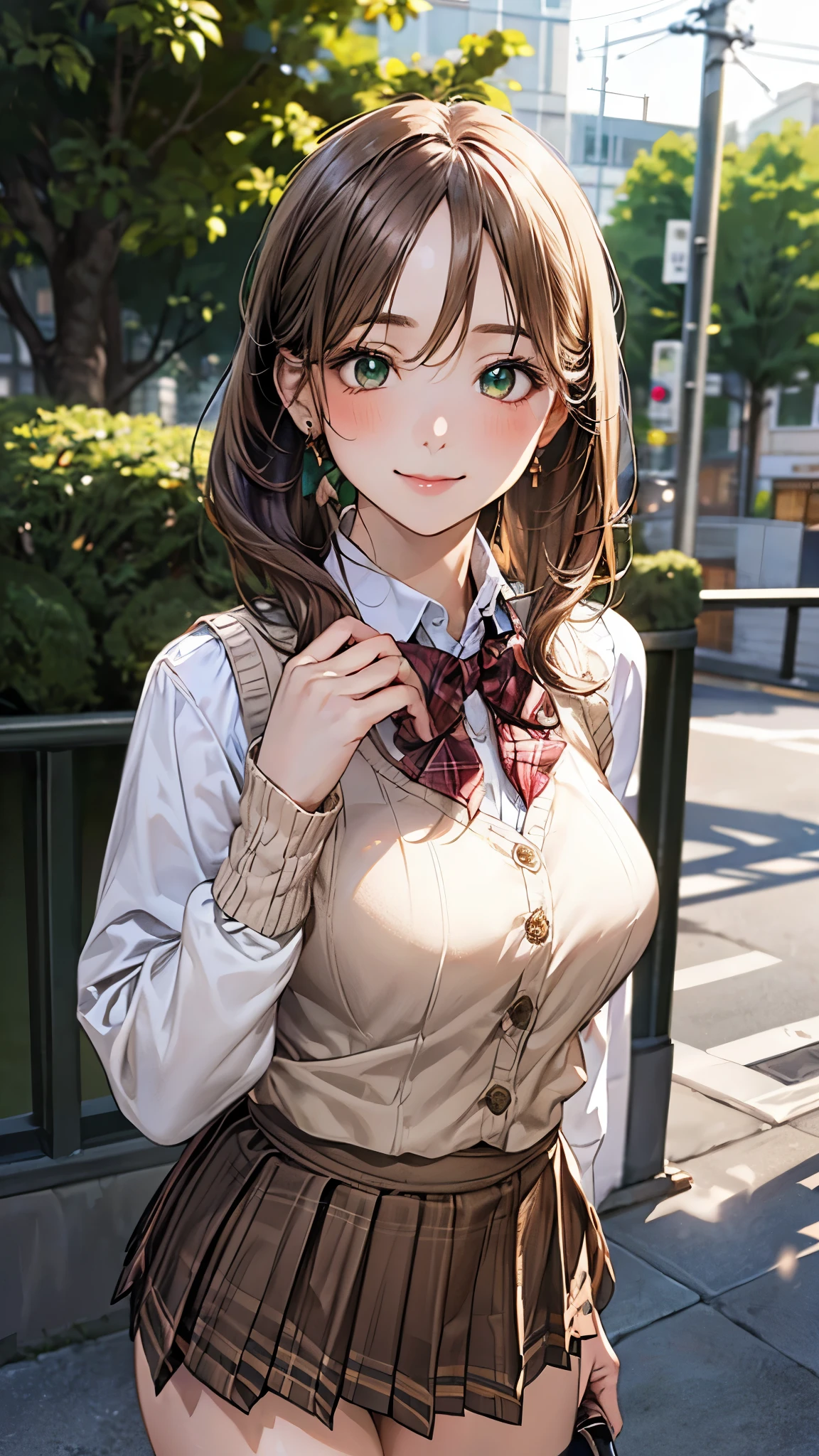(masterpiece:1.2, top-quality), (realistic, photorealistic:1.4), beautiful illustration, (natural side lighting, movie lighting),
looking at viewer, cowboy shot, front view:0.6, 1 girl, japanese, high school girl, perfect face, cute and symmetrical face, shiny skin,
(middle hair:1.5, side ponytail:1.4, sidelocks, light brown hair), parted bangs, emerald green eyes, long eye lasher, (large breasts:0.9, thick thighs),
beautiful hair, beautiful face, beautiful detailed eyes, beautiful clavicle, beautiful body, beautiful chest, beautiful thigh, beautiful legs, beautiful fingers,
((light blue long sleeve collared shirts, blue plaid pleated mini skirt, socks, brown loafers, emerald green bow tie, beige sleeveless knitted vest)), pink panties,
(beautiful scenery), evening, riverside, walking, hands on chest, (lovely smile, upper eyes),
