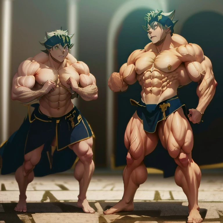 Anime, High quality full body image of asta as a bodybuilder in a tight thong, ohne Schuhe, Feet, bare Feet, massive muscular body, huge muscular shoulders, Massive big biceps, Venen im Bizeps, Muskelbeine, massive muscular abs, Bizepsflex. posierend, er schwitzt, very muscular, The toned body shines in the spotlight, on a stage and shows off his muscles , a lot of muscular