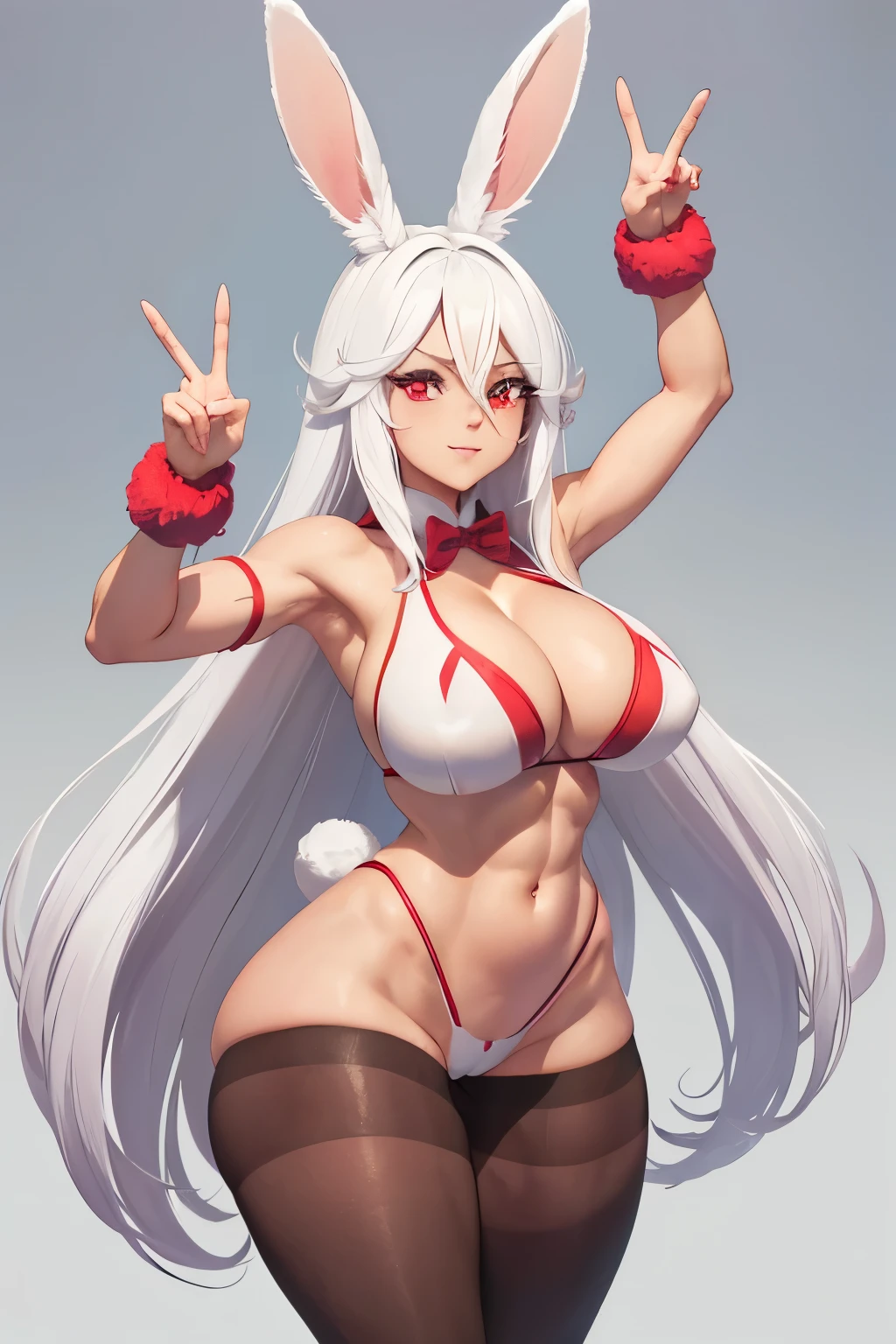 (Miruko:1.1), abs, slim body, (huge breasts:1.2), (deep cleavage), bunny, bunny ears, bunny tail, furry, furry female, toned female, (peace hand sign:1.1), (pubic hair:1.3), rabbit, rabbit ears, rabbit woman, rabbit humanoid, rabbit tail, (red eyes), socks, strong, strong woman, thick, thick ass, thick thighs, white hair.
