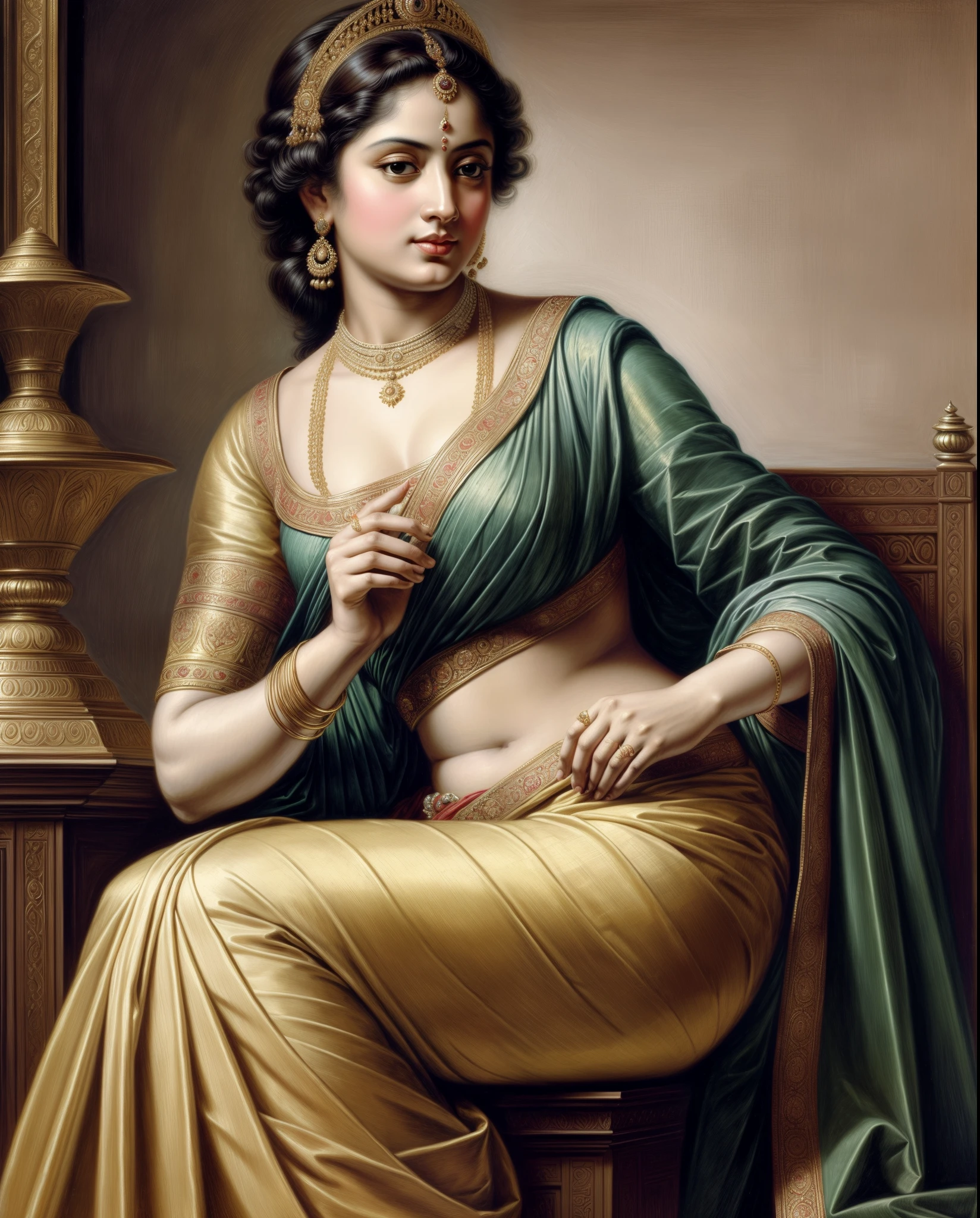 Beautiful Indian Woman, wearing saree, sari Beauty, gorgeous, Apsara, Maharani, royal queen woman, nymph from Hindu Mythology, Urvashi, matchless beauty, Highly detailed, Oil Painting by Peter Paul Rubens inspired by Raja Ravi Varma, Matchless beauty, captivating, gorgeous, heavenly beauty, celestial beauty, by Peter Paul Rubens, 1893, realistic, hyper realistic, micro details, incredible artwork, insane details, ultra High resolution, 8k, 32k,  acrylic on canvas, intricate, flawless, detailed, detailed face, detailed eyes, masterpiece, by Peter Paul Rubens, by Caravaggio, by William Adolphe bouguereau, perfect face, perfect body, beautiful art, realism, baroque, renaissance Art, highly textured, beautiful and detailed eyes, uhd, best quality,