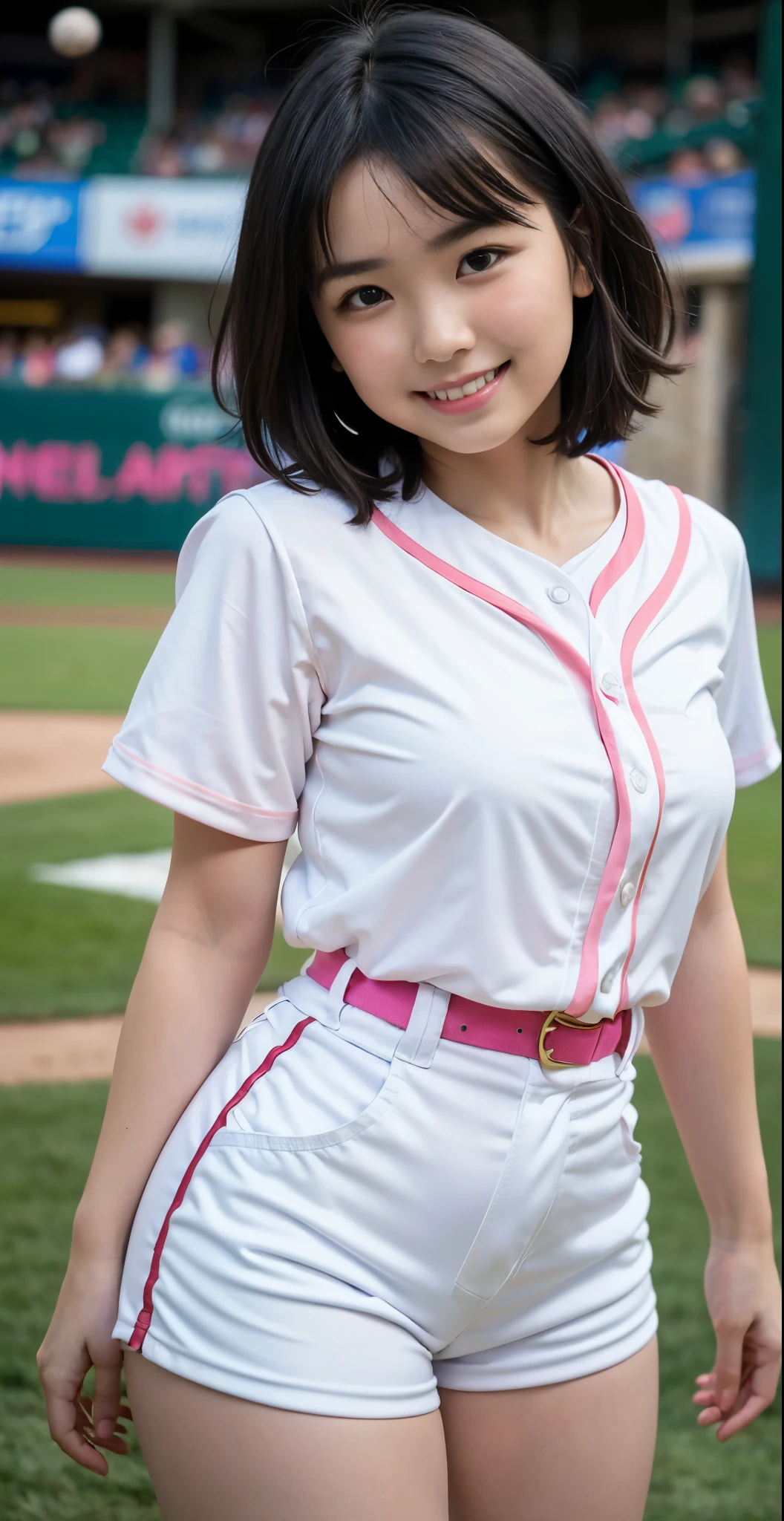 （8K、Raw photography、highest quality、masterpiece：1.2),(black haired、very short hair:1.7),show viewer,Looking at the front,erotic,白いskin,(wearing a pink and white baseball uniform:1.6)、(Clothing that emphasizes the shape of your chest、publish one&#39;skin:1.4)、(big :1.3)、slim body shape、ultra high resolution,beautiful,beautiful fece,(alone, alone、no background:1.9),whole bodyボディー,japanese woman,（Photoreal：1.37）、photon mapping,reality、(Cute with a : 1.1)、(cute smile: 1.7)、(With a round face: 1.8)、radio city、Physically based rendering、depth of field rally background、photograph, (I can see your knees,close up of thighs、plaid skirt too short、Show white panties:1.4),whole body、super fine