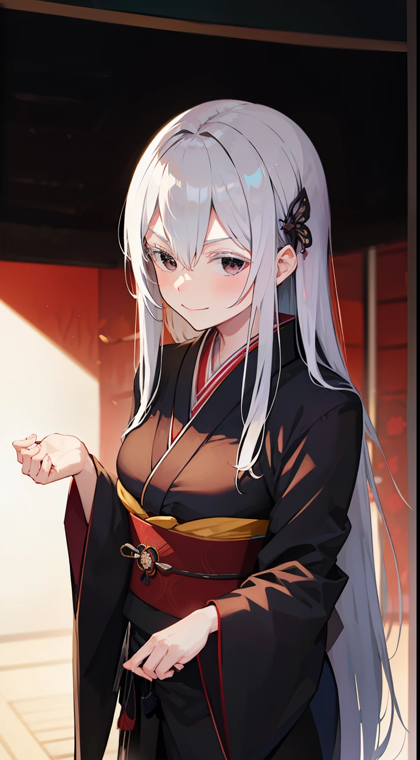 dark kimono, at japanese festival, arrogant expression, domineering smile, masterpiece, best quality, silver hair, black eyes