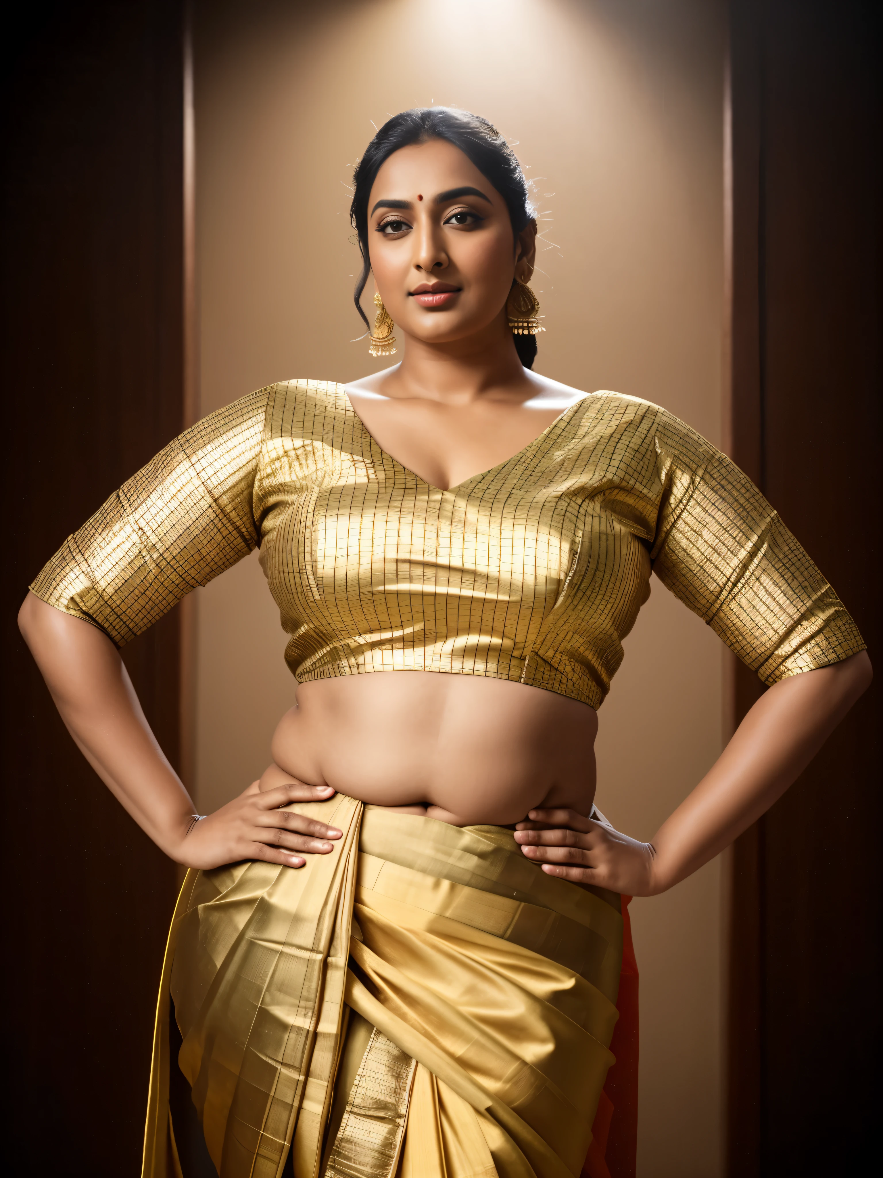 Foto RAW, photorealistic, photography, full body shot, master shot, perfect eyes, goddess like beauty, pierced eyes, perfect thick chubby mallu Desi aunty bhabhi, Wearing a Stanapatta, a chest-band.Saree model, model Photography, Indian saree shoot, Indian traditional wear advertising photography, traditional wear brand shoot, face of Indian actress Sonakshi Sinha, masterpiece, realistic, realism, incredible details, pleasure, photorealism, detailed skin, skin pores, high contrast, photorealistic Artstation 8k HD digital art trend of high definition and detailed realistic skin texture, ultra detail, realistic skin texture, armature, best quality, ultra high definition, (photorealistic:1.4),, high resolution, detail, raw photo, sweat, Re sharp, by Lee Jefferies Nikon D850 Film Stock Photo 4 Kodak Portra 400 Camera F1.6 Lens Rich Color Ultra Real Realistic Realistic Textures Dramatic Lighting Unreal Engine Trending at Art Station Cinestill 800,(pele altamente detalhada: 1.2), 8k UHD, DSLR, soft-lighting, alta qualidade, grain of film, Fujifilm XT3,she didn't like to wear blouse or bra, she is happy to wear only saree, she hates blouse or bra, detailed hairy armpits,