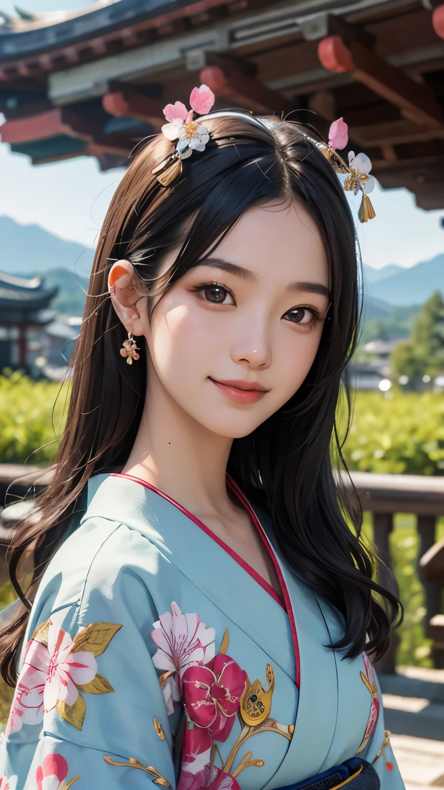 beautiful girl in Japanese mythological costume, front face, photo, an extremely delicate and beautiful, extremely detailed, Amazing, extremely detailed skin, (18 years old:1.2), cute girl, famous Japanese idol, kawaii, fair skin, shiny skin, chin thin, (smile:1.2), cute, young, extremely detailed nose, extremely detailed mouth, cute face, (realistic face:1.2), beautiful views, ancient japan