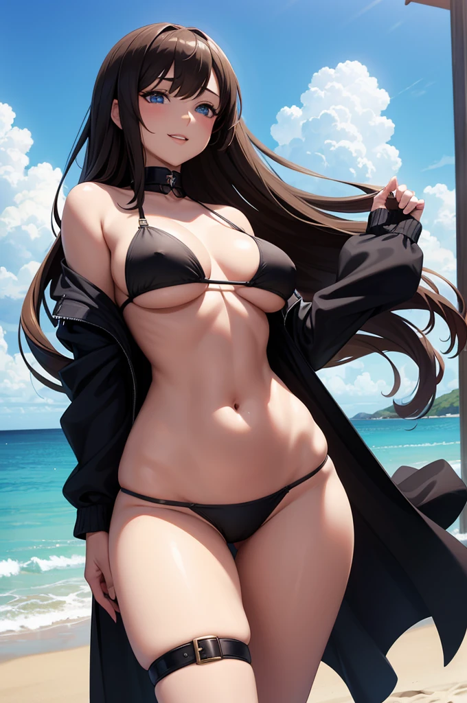 one Rebecca wearing a black bikini, at a beach, long brown hair, blue eyes, sexy hourglass figure, laughing sadistically, view from below her, [ 4 k digital art ]!!, seductive anime girl, deviantart artstation cgscosiety, trending on cgstation, 8k high quality detailed art, photorealistic anime girl render, kawaii hq render, commission for high res, thicc