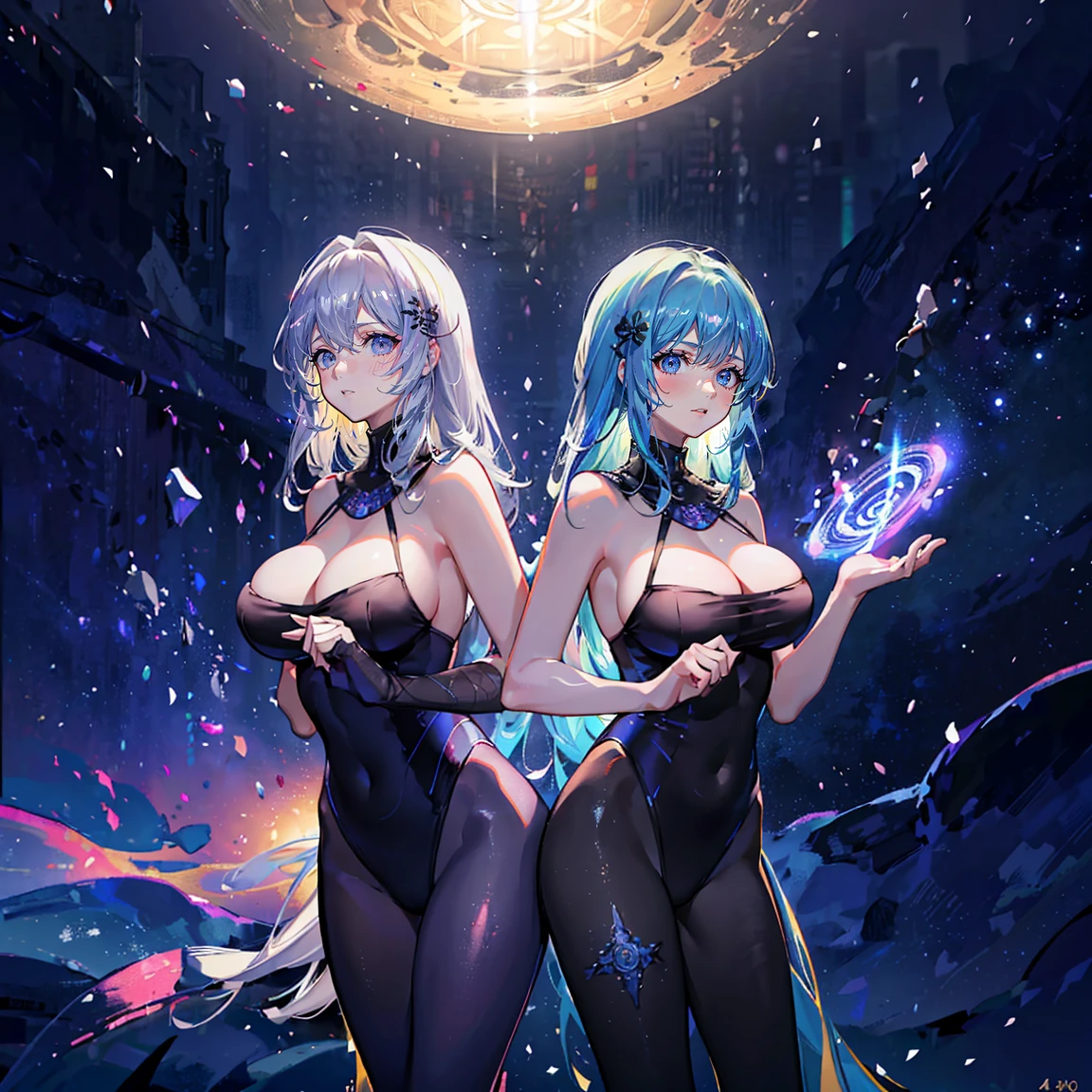 (highest quality,high resolution,(Ultra high fine mesh,4K), (ultra high resolution,8K),muste piece:1.2), (perfect anatomy,anatomically accurate), (angle from below), (soft lighting, rendering), Close ~ eyes, (two girls doing yoga), (surrounded by nature), (((Shining magic circle))), Peaceful and calm background Beautiful and detailed eyes, flowing long hair, yoga clothes, elegant pose, soft and gentle lighting, (very detailed and beautiful face), professional photography techniques, Bright colors, natural light, (very detailed and beautiful face), (large breasts:1.3), (Mysterious, Fantastic), cowboy shot, mindfulness meditation