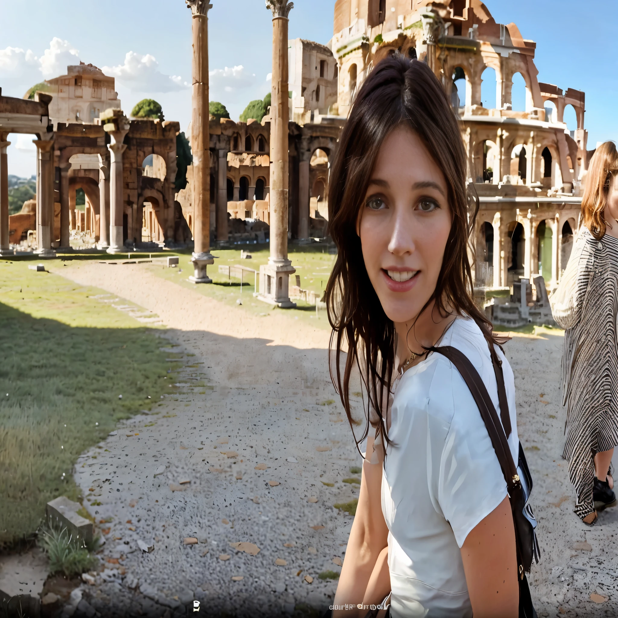 there is a woman standing in front of a building with columns, rome, rome backdrop, ruins in the background, roma, rome in background, wallpaper!, ancient ruins in the background, in a coliseum, standing before ancient ruins, captura, ancient ruins behind her, screencapture, 1/30, inspiring, julia sarda, medium head to shoulder shot