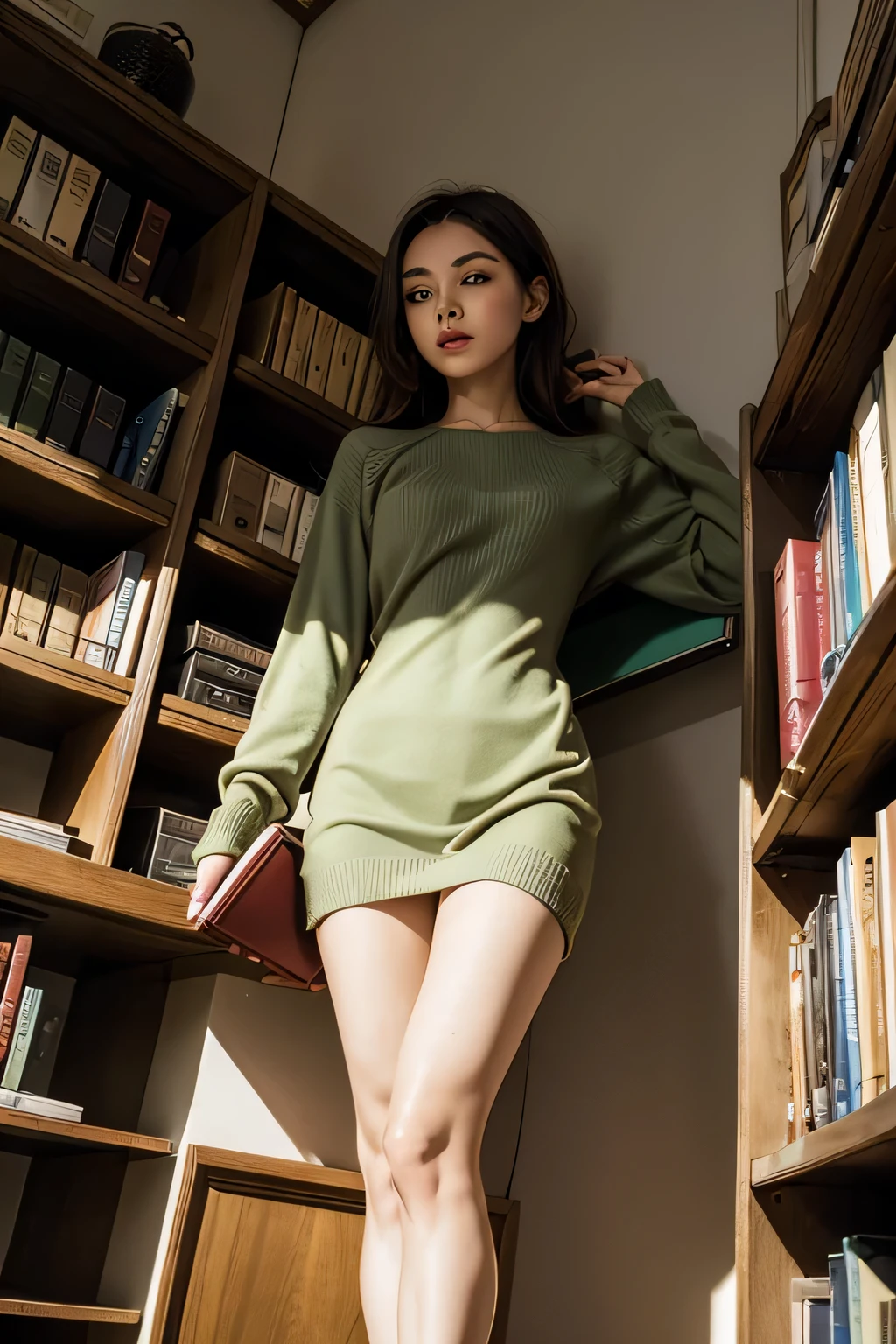 1 woman, (Tatiana Usova:0.6),( cone green:1.2) Merino wool bubble hem dress: A dress that gathers the hem and tucks it down for a fluffy effect.. From Mona Tuguard,plod along[::1],F/4.0,ISO 204800,24mm lens,Este,clarity,warm hue, Low contrast, high saturation, warm and cheerful,patterns,(bookshelf:1.3),upskirt from below, flexible, (smog:1.2), munich style,