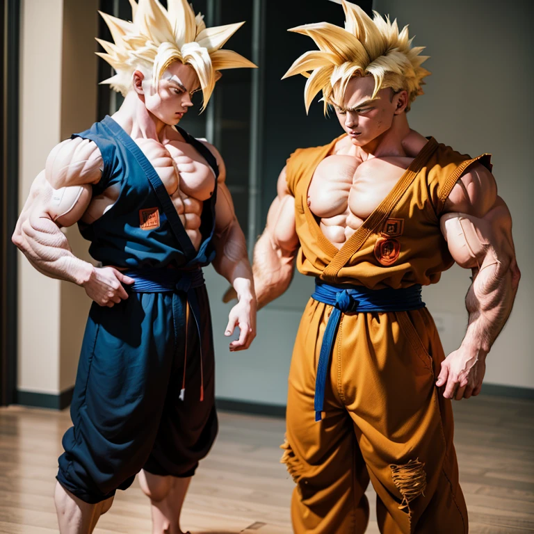 Goku im zerrissenen Karate Anzug, goku carries a karate gi barefoot, muscular physique, Goku Power Bodybuilding,Huge muscular biceps, breite, muscular shoulders, Bauchmuskeln, Abs, Her big muscles rip through her karate gi, Full body image, Meisterwerk, Highest details, high resolution