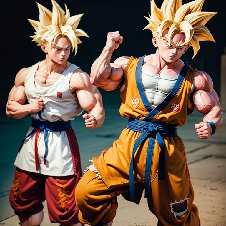 Goku im zerrissenen Karate Anzug, goku carries a karate gi barefoot, muscular physique, Goku Power Bodybuilding,Huge muscular biceps, breite, muscular shoulders, Bauchmuskeln, Abs, Her big muscles rip through her karate gi, Full body image, Meisterwerk, Highest details, high resolution