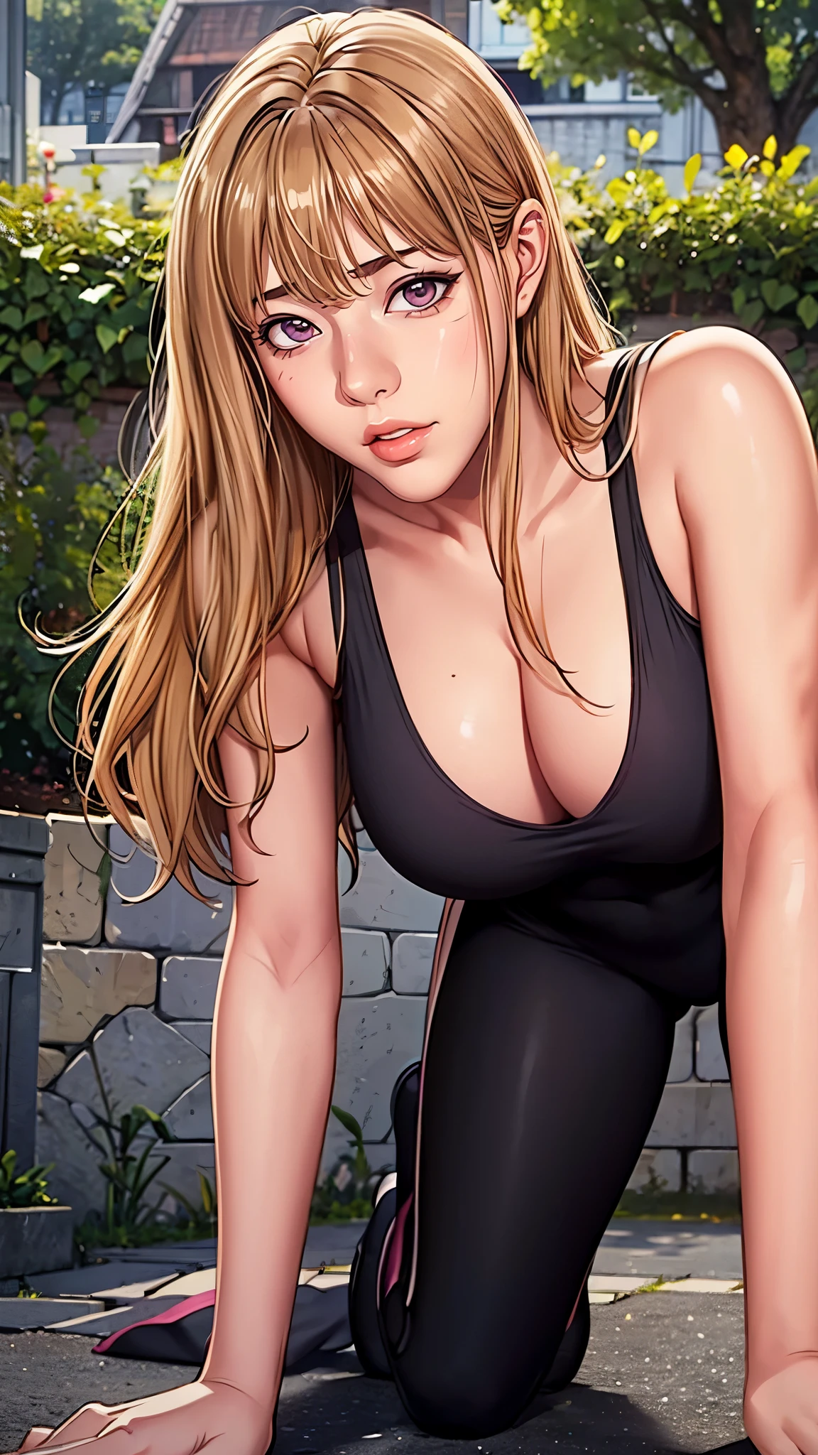 （（（adult,blonde hair,long hair,brown eyes, （（（danya，manhwa，Black gym suits，black and purple top，Gym clothes ））），（（（wide hips））），S-shaped body:1.7））），((masterpiece)),high resolution, ((Best quality at best))，masterpiece，quality，Best quality，（（（ Exquisite facial features，looking at the audience,There is light in the eyes，Open your mouth wide，blush，shy ））），（（（Light and shadow interlace，huge ））），（（（gym background，lie on the ground，on all fours，from below，look up）））