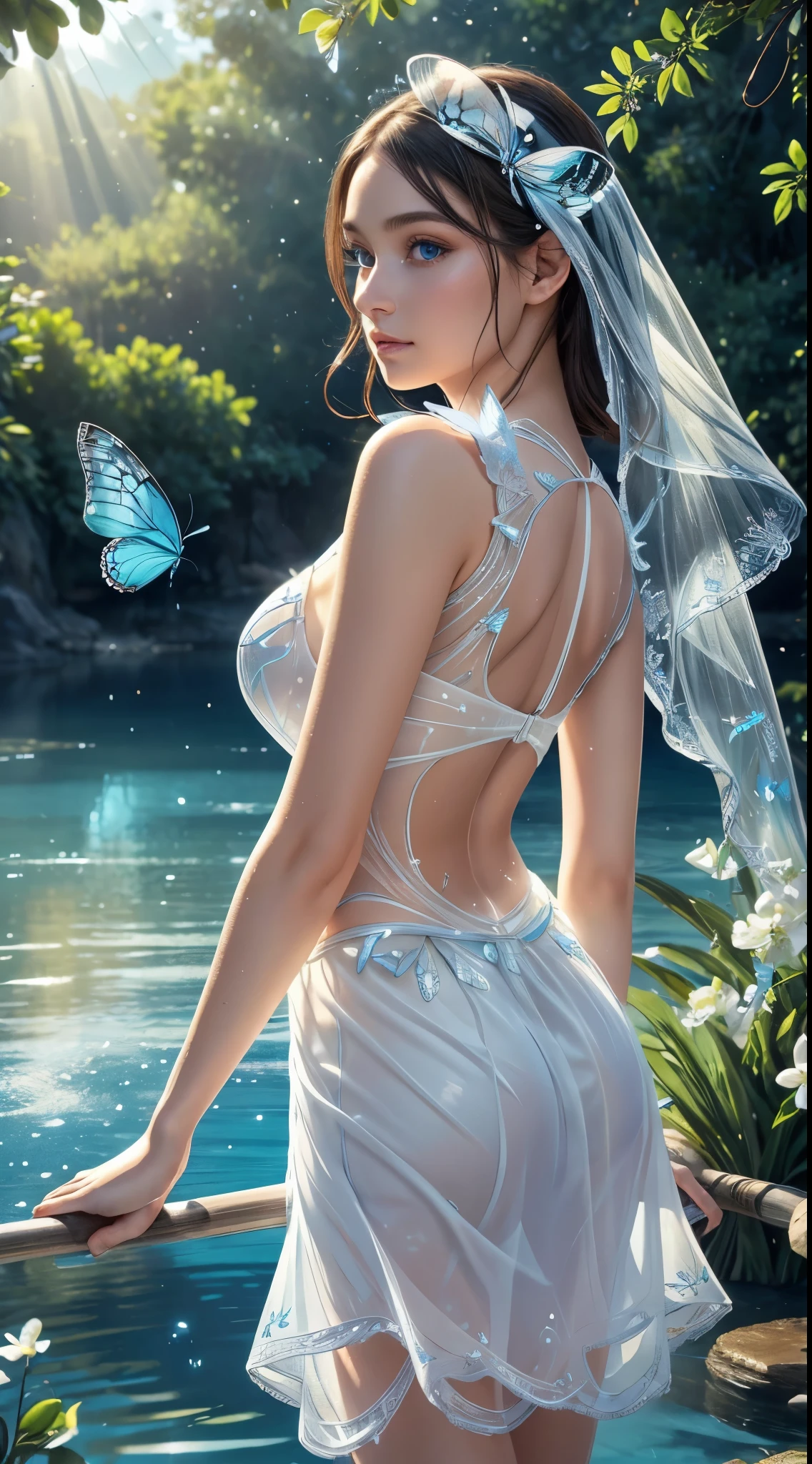 (best quality,ultra-detailed),(realistic:1.37),transparent water,blue butterfly,beautiful detailed eyes,beautiful detailed lips,sparkling,airy,ethereal,soft sunlight,calm,serene,white gauze skirt,vivid colors, back turn