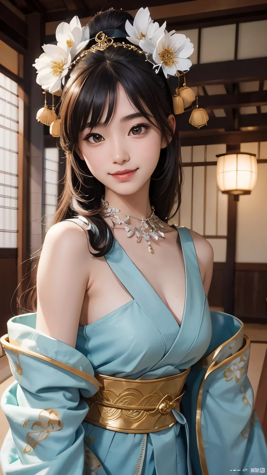 beautiful girl in Japanese mythological costume, front face, photo, an extremely delicate and beautiful, extremely detailed, Amazing, extremely detailed skin, (18 years old:1.2), cute girl, famous Japanese idol, kawaii, fair skin, shiny skin, chin thin, (smile:1.2), cute, young, extremely detailed nose, extremely detailed mouth, cute face, (realistic face:1.2), beautiful views, ancient japan