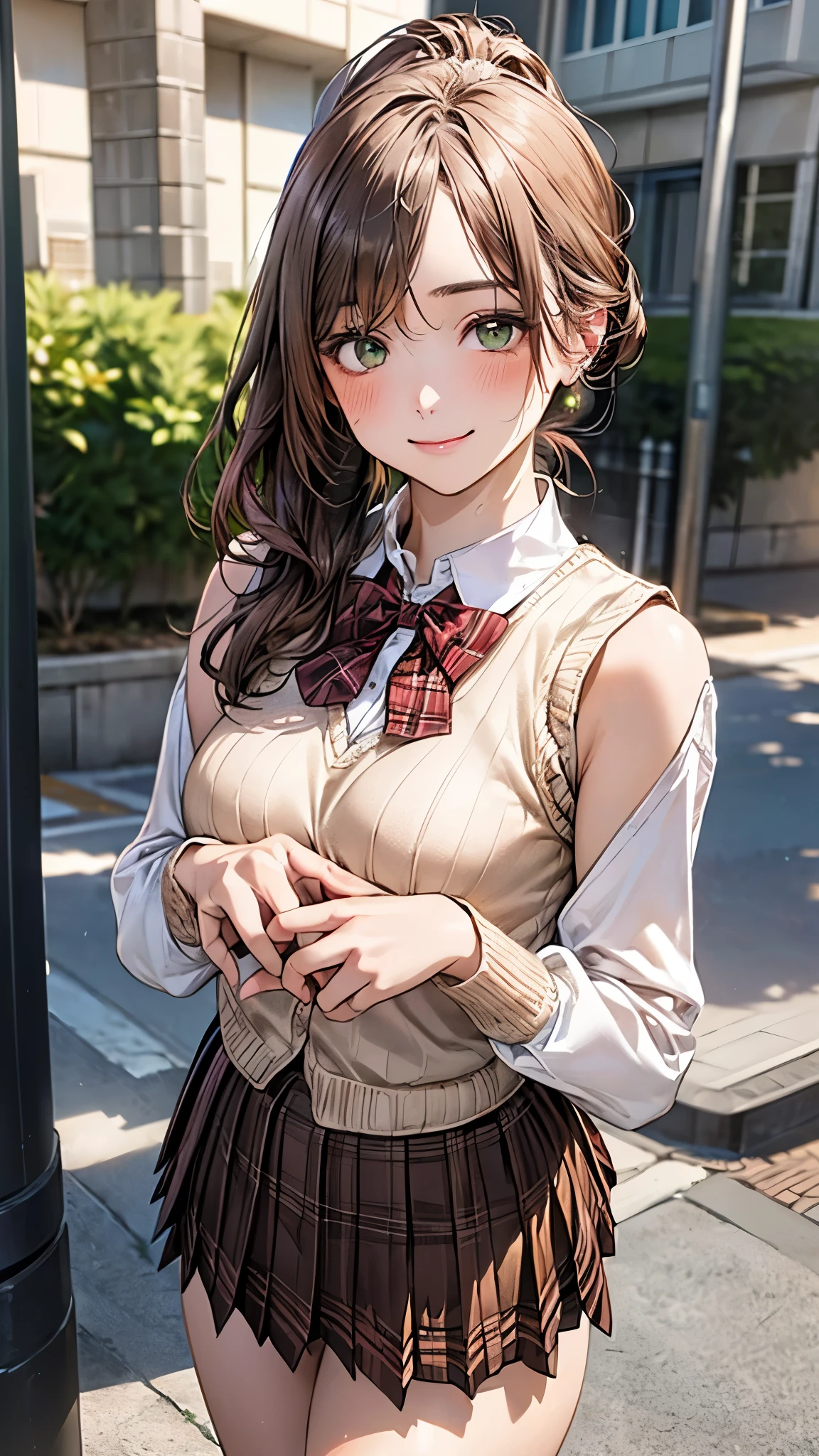 (masterpiece:1.2, top-quality), (realistic, photorealistic:1.4), beautiful illustration, (natural side lighting, movie lighting),
looking at viewer, cowboy shot, front view:0.6, 1 girl, japanese, high school girl, perfect face, cute and symmetrical face, shiny skin,
(middle hair:1.5, side ponytail:1.4, sidelocks, light brown hair), parted bangs, emerald green eyes, long eye lasher, (large breasts:0.9, thick thighs),
beautiful hair, beautiful face, beautiful detailed eyes, beautiful clavicle, beautiful body, beautiful chest, beautiful thigh, beautiful legs, beautiful fingers,
((light pink long sleeve collared shirts, light brown plaid pleated mini skirt, socks, brown loafers, red pleated bow tie, beige sleeveless knitted vest)), pink panties,
(beautiful scenery), evening, riverside, walking, hands on chest, (lovely smile, upper eyes),
