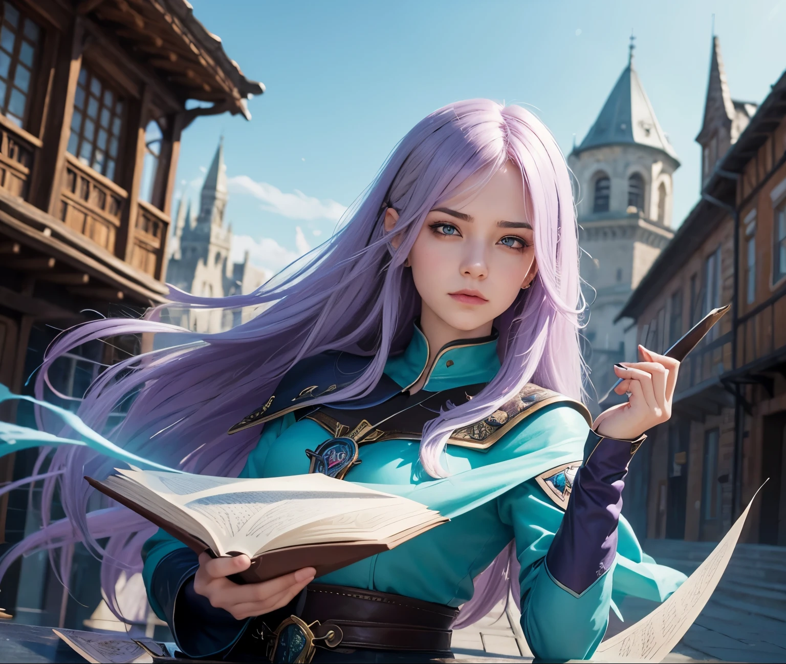 A female student wizard with lilac hair and turquoise eyes, magic the gathering artstyle, D&D artstyle, 1 girl, frowning face, masterpiece, medieval city background, holding a book, dynamic pose, dynamic angle, best quality