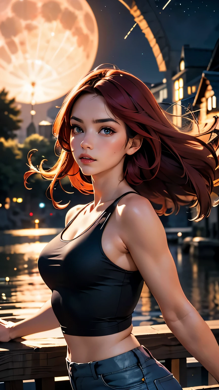 (best quality, masterpiece, colorful, dynamic angle, highest detailed) upper body photo, fashion photography of cute, intense long red hair, perfect body \Mary Jane\ in tank top and combat trousers, (ultrahigh resolution textures), in dynamic pose, bokeh, glowing web, (intricate details, hyperdetailed:1.15), detailed, moonlight passing through hair, perfect night, fantasy background, (official art, extreme detailed, highest detailed), HDR+