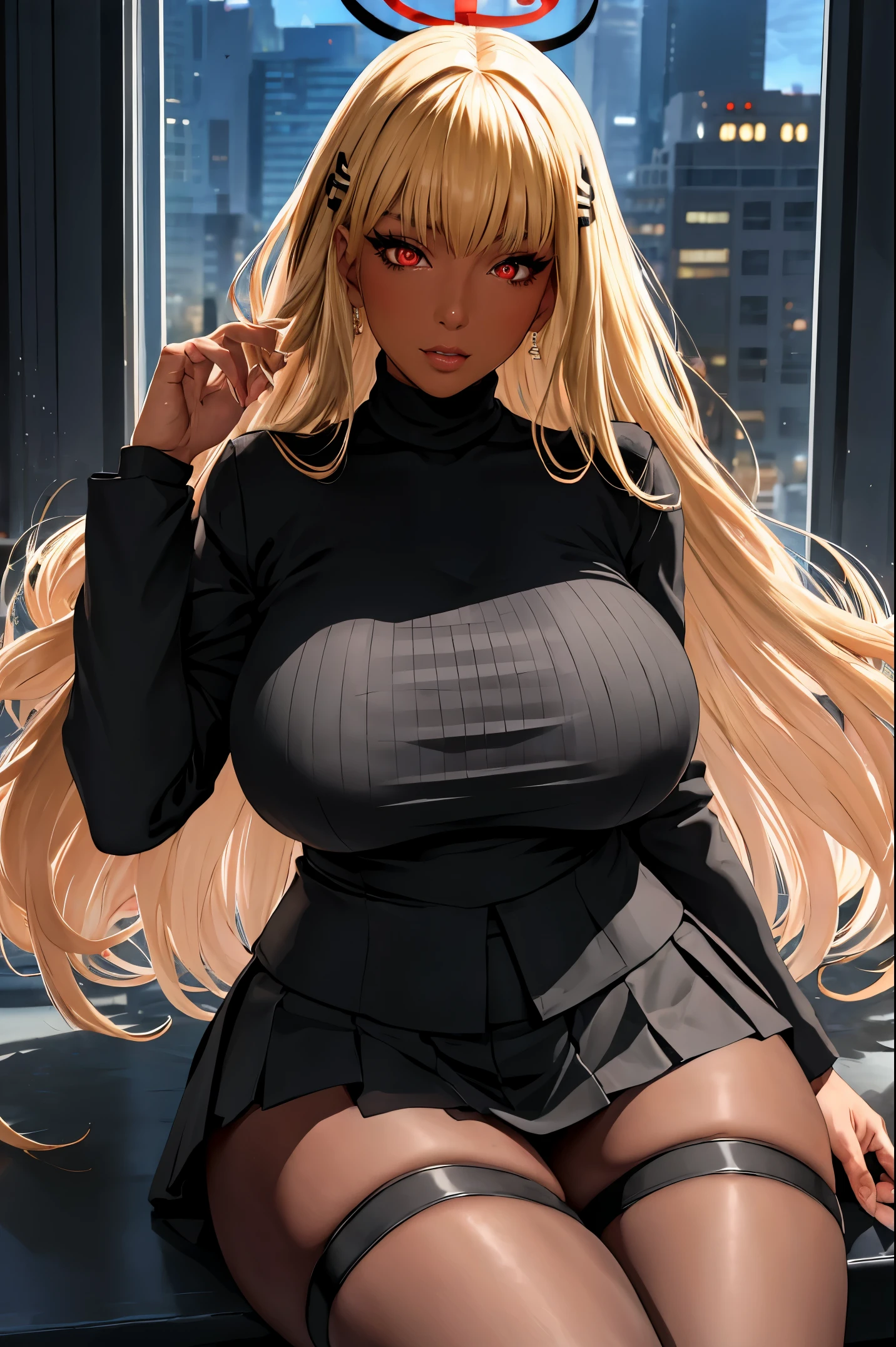 (rio), (red eyes:1.5), hair ornament, hairclip, halo, long hair, (blonde hair:1.4)
BREAK black footwear, black jacket, black pantyhose, black skirt, buttoned cuffs, high heels, jacket, long sleeves, office lady, pantyhose, ribbed sweater, skirt, sweater, thigh strap, turtleneck, turtleneck sweater, white sweater,
BREAK (skindentation), cute, feminine, detailed body , (detailed face:1.1), (perfect eyes), 4k, beautiful, (1girl:1.4), (gigantic breasts:1.2), thick eyelashes, long eyelashes, perfect dynamic composition, (wide hips), (thick thighs:1.2), (dark skin:1.3), ((very dark skin)), mature female, eyeliner, long eyelashes, thick thighs, tight , skin tight, heavy breathing, looking at viewer, cowboy shot, blush, thick lips,(huge lips:1.1) , (massive lips: 1.1), (parted lips:1.1), (thick lips:1.2), (8k), (4k),(Masterpiece), (Best Quality), fantasy, extremely detailed, intricate, hyper detailed, detailed eyes,(perfect face), illustration,soft lighting,(specular lighting:1.4),shiny skin,looking at viewer, ultra high res, intricate, hyperdetailed
