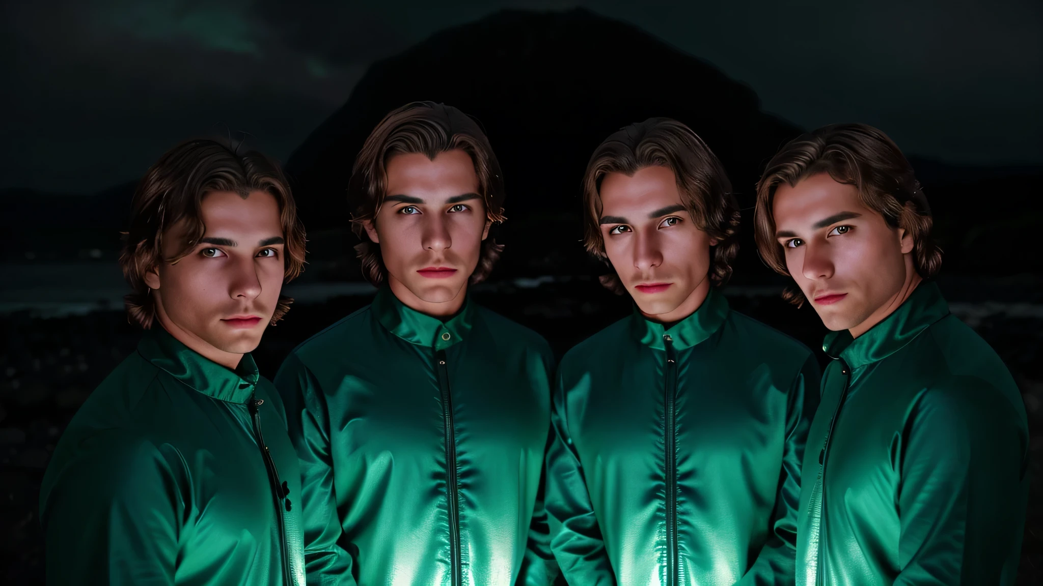 3 meninos loiros COM CABELO LISO longos, jaqueta de couro preta e roupa PORTRAIT , the flames are glowing in the dark with a GREEN fire reflection, Chamas de fogo verde , chamas ao fundo, Fogo e chamas verdes, chamas ao fundo.