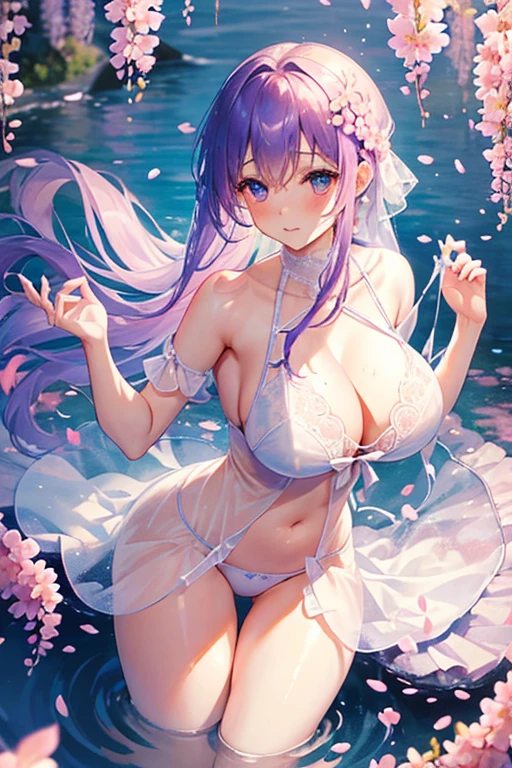 Flowers bloom by the water、((Wisteria shelf))、weeping cherry blossoms、、(Cherry blossom petals floating on the surface of the water:1.5)、water reflection!!!!!、transparent white lingerieを着てポーズをとるアラフィフの女性、transparent white lingerieビューティー、sexy see-through white lingerie wear、complex, captivating and captivating、transparent white lingerie!!、Sexy woman in see-through lingerie posing for a photo、sheer lingerie!!、beautiful female body、fantastic and fantasticな雰囲気、see-through lingerie、光沢のあるsheer lingerie、dreamy aesthetics、mysterious softness、soft aesthetics、transparent lace babydoll、fantastic and fantastic、fantastic and fantasticなスタイル、fantastic and fantastic、(((Big big breasts)))、beautiful leg style、stylish hair、cute hairstyle、Many petal body esbian、(pink water surface、purple water surface)