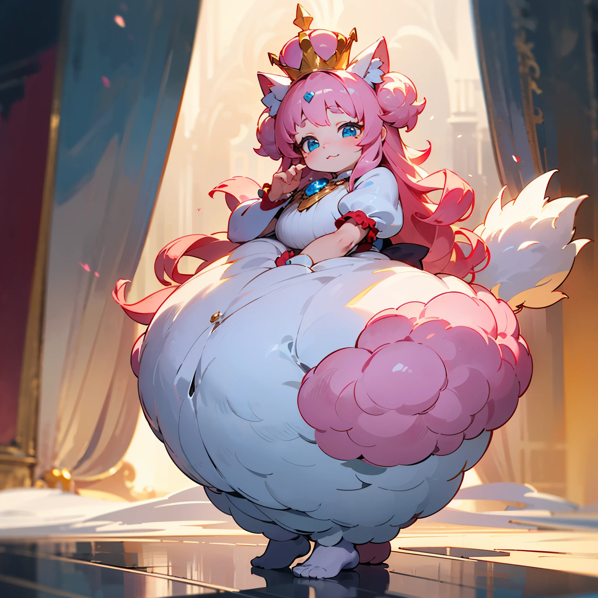 ((best quality)), ((masterpiece)), (detailed), perfect face,Super very plump body,full body picture,Exquisite pink princess dress,loli,Pink tones,Very exquisite oversized bow decoration,Double tail,Cute big puff sleeves,Super long fluffy curly hair,A shy expression,HD,2K,Super exquisite,Wearing a jeweled crown,