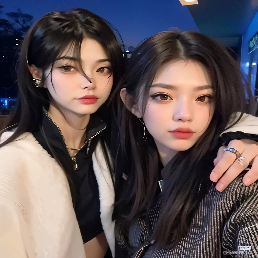 Duas mulheres posando para uma foto em um restaurante com um fundo azul, Ulzzang, nixeu e sakimichan, they are pixivs and junji, cruel korean goth girl, goth girl aesthetic, maquiagem sul-coreana popular, beautiful Gemini twins, com preto, inspirado em Wang Duo, gothic aesthetic, cute sci-fi twins, kanliu666