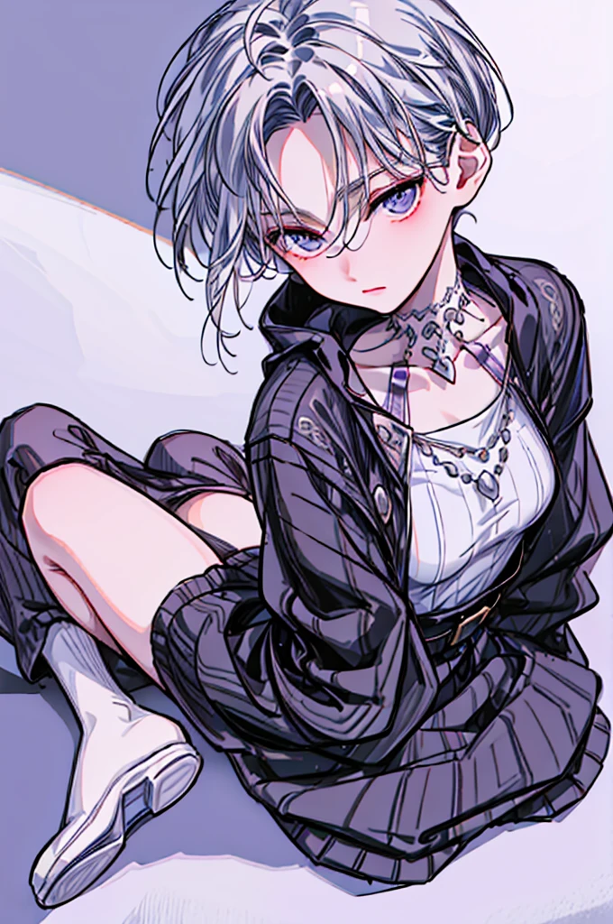 Full body,elaborate character design,beautiful boy,Cool and cool rib knit,Elegantなアクセサリー,thin lace socks,antique,クラシカルでElegant,Rin々Sweet, cold, fleeting eyes,Elegant,Silver Necklace,cool street fashion,white and light purple,Fashionable shoes,Writer、bookworm,literature