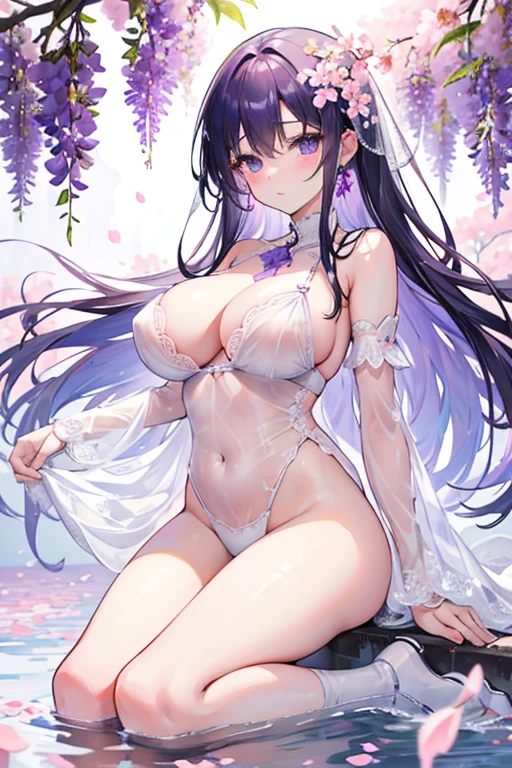 Flowers bloom by the water、((Wisteria shelf))、weeping cherry blossoms、、(Cherry blossom petals floating on the surface of the water:1.5)、water reflection!!!!!、transparent white lingerieを着てポーズをとるアラフィフの女性、transparent white lingerieビューティー、sexy see-through white lingerie wear、complex, captivating and captivating、transparent white lingerie!!、Sexy woman in see-through lingerie posing for a photo、sheer lingerie!!、beautiful female body、fantastic and fantasticな雰囲気、see-through lingerie、光沢のあるsheer lingerie、dreamy aesthetics、mysterious softness、soft aesthetics、transparent lace babydoll、fantastic and fantastic、fantastic and fantasticなスタイル、fantastic and fantastic、(((Big big breasts)))、beautiful leg style、stylish hair、cute hairstyle、Many petal body esbian、(pink water surface、purple water surface)