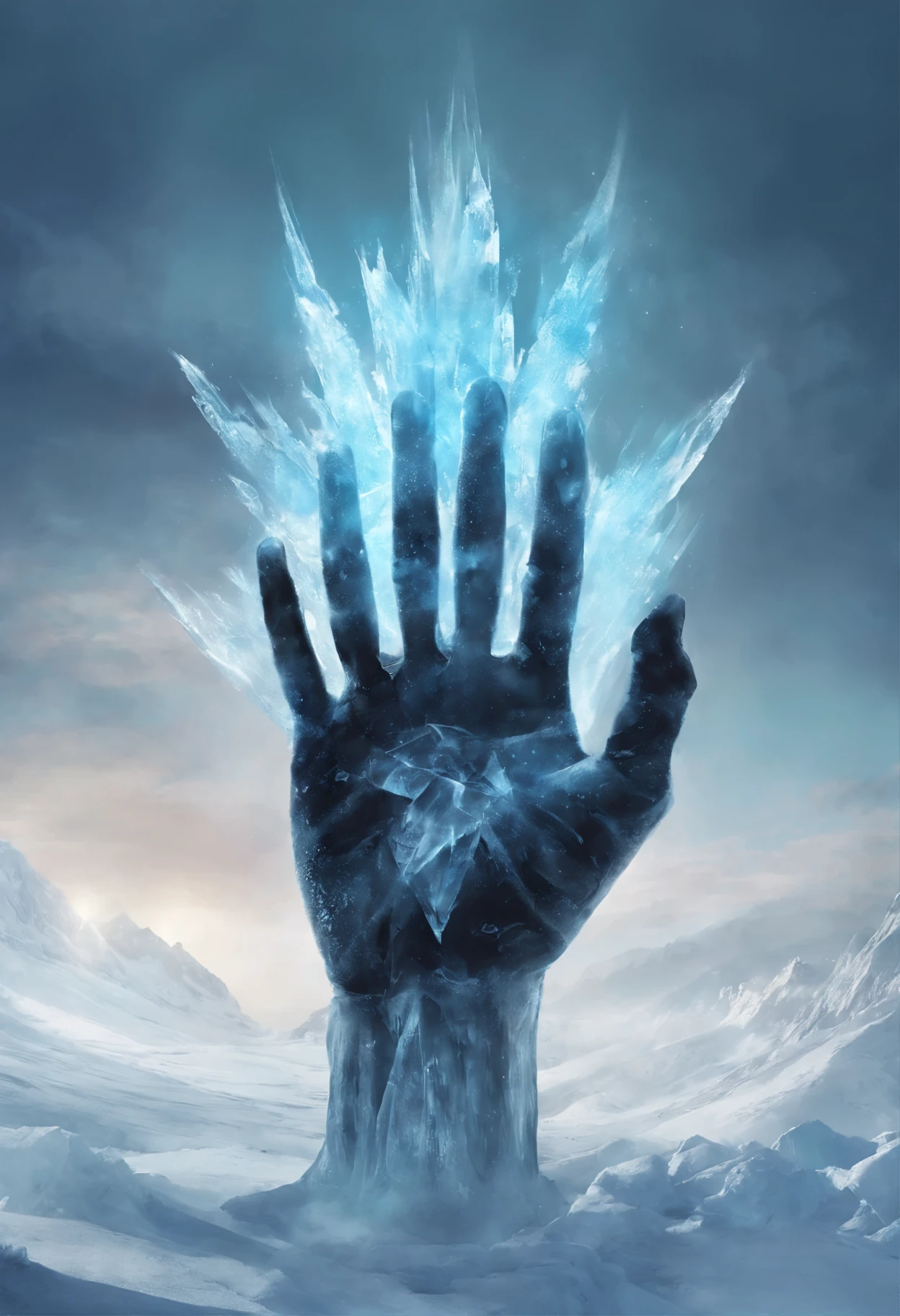 A hand with the power of ice, ice hand, has ice around it