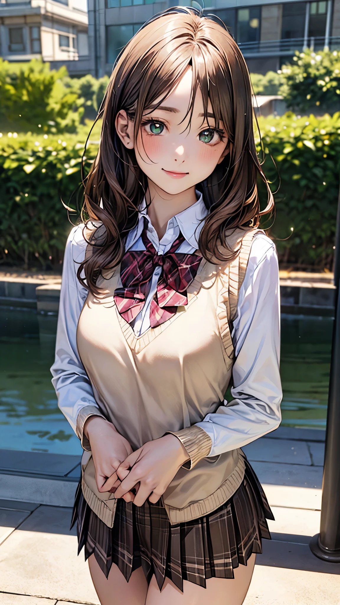 (masterpiece:1.2, Highest quality), (Realistic, photoRealistic:1.4), Beautiful illustrations, (Natural Side Lighting, Cinema Lighting), View your viewers, Cowboy Shot, Front view:0.6, 1 girl, Japanese, high school girl, Perfect Face, Cute and symmetrical face, Glowing Skin, (Mid-length hair:1.5, short hair:1.4, Purple Hair), Parted bangs, Light blue eyes, Long eyelashes, (:0.9, Thick thighs), Beautiful Hair, Beautiful Face, Beautiful attention to detail, Beautiful clavicle, Beautiful body, Beautiful , Beautiful thighs, Beautiful feet, Beautiful fingers, ((Light blue long-sleeved Y-shirt, Blue checked pleated mini skirt, socks, Brown Loafers, emerald green bow tie, Beige sleeveless knit vest)), Pink Panties, (Beautiful views), evening, River side, walk, Place your hand on your , (Cute smile, Upward glance)