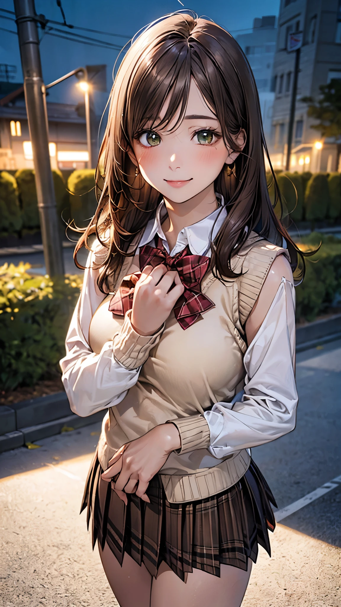 (masterpiece:1.2, top-quality), (realistic, photorealistic:1.4), beautiful illustration, (natural side lighting, movie lighting), 
looking at viewer, cowboy shot, front view:0.6, 1 girl, japanese, high school girl, perfect face, cute and symmetrical face, shiny skin, 
(long hair:1.6, hime cut:1.4, sidelocks, dark brown hair), parted bangs, emerald green eyes, long eye lasher, (large breasts:0.9, thick thighs), 
beautiful hair, beautiful face, beautiful detailed eyes, beautiful clavicle, beautiful body, beautiful chest, beautiful thigh, beautiful legs, beautiful fingers, 
((light pink long sleeve collared shirts, light brown plaid pleated mini skirt, socks, brown loafers, red pleated bow tie, beige sleeveless knitted vest)), pink panties, 
(beautiful scenery), evening, riverside, walking, hands on chest, (lovely smile, upper eyes), 