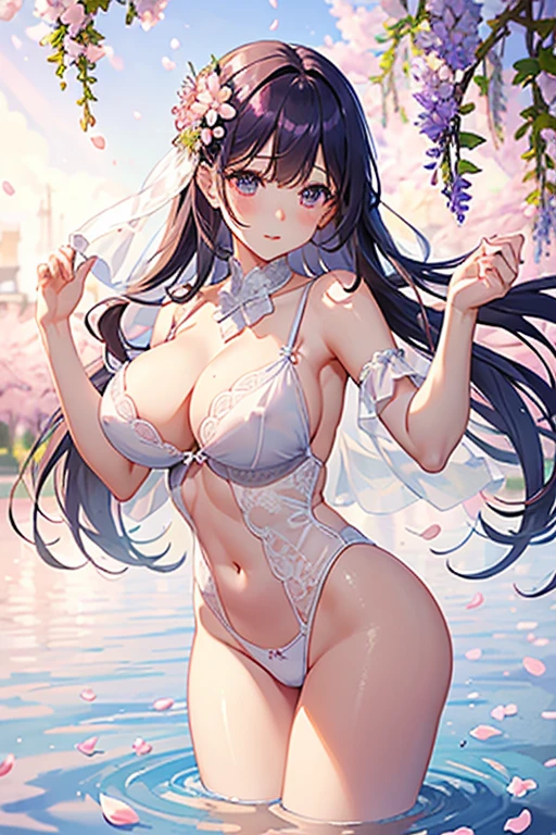 Flowers bloom by the water、((Wisteria shelf))、weeping cherry blossoms、、(Cherry blossom petals floating on the surface of the water:1.5)、water reflection!!!!!、transparent white lingerieを着てポーズをとるアラフィフの女性、transparent white lingerieビューティー、y see-through white lingerie wear、complex, captivating and captivating、transparent white lingerie!!、Sexoman in see-through lingerie posing for a photo、sheer lingerie!!、beautiful female body、fantastic and fantasticな雰囲気、see-through lingerie、光沢のあるsheer lingerie、dreamy aesthetics、mysterious softness、soft aesthetics、transparent lace babydoll、fantastic and fantastic、fantastic and fantasticなスタイル、fantastic and fantastic、(((Big big brautiful leg style、stylish hair、cute hairstyle、Many petal body esbian、(pink water surface、purple water surface)