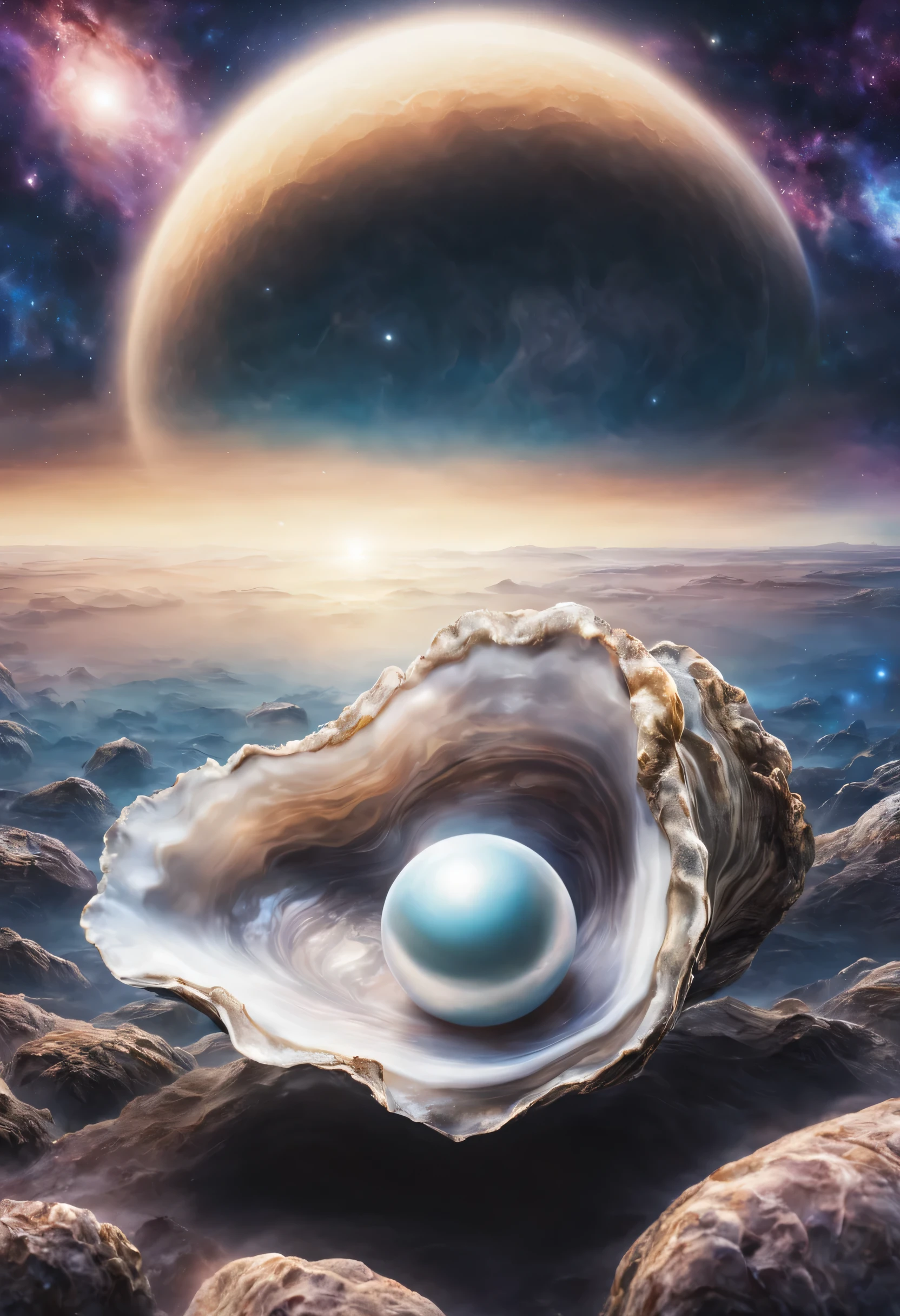 a magnificent unknown planet in the shape of an oyster, with around it a moon in the shape and color of a pearl, very realistic, detailed and futuristic, with the galaxy behind