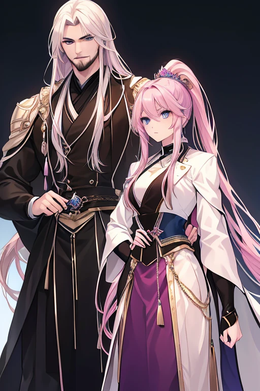 imagem 16:9 generate the image of a man anime style, A cute woman, girls hugging the guy in the middle, girls in sexy clothes, sensual necklines, attractive girls, very cute anime style characters, manhwa style, long-haired man wearing Chinese royal clothes, anime traits, thick anime lines, few detail, simpler drawing, woman with him with short black hair to the shoulder, background of a dark room with purple tones, behind another woman with orange hair smiling, man with a slender face and long straight hair, he has sea blue eyes and straight hair down to his back, black haired woman with striking pink eyes, strong cores and lights, a third woman with pink hair, pink haired woman next to the others, only 4 characters in the image, hot characters, big boobies 