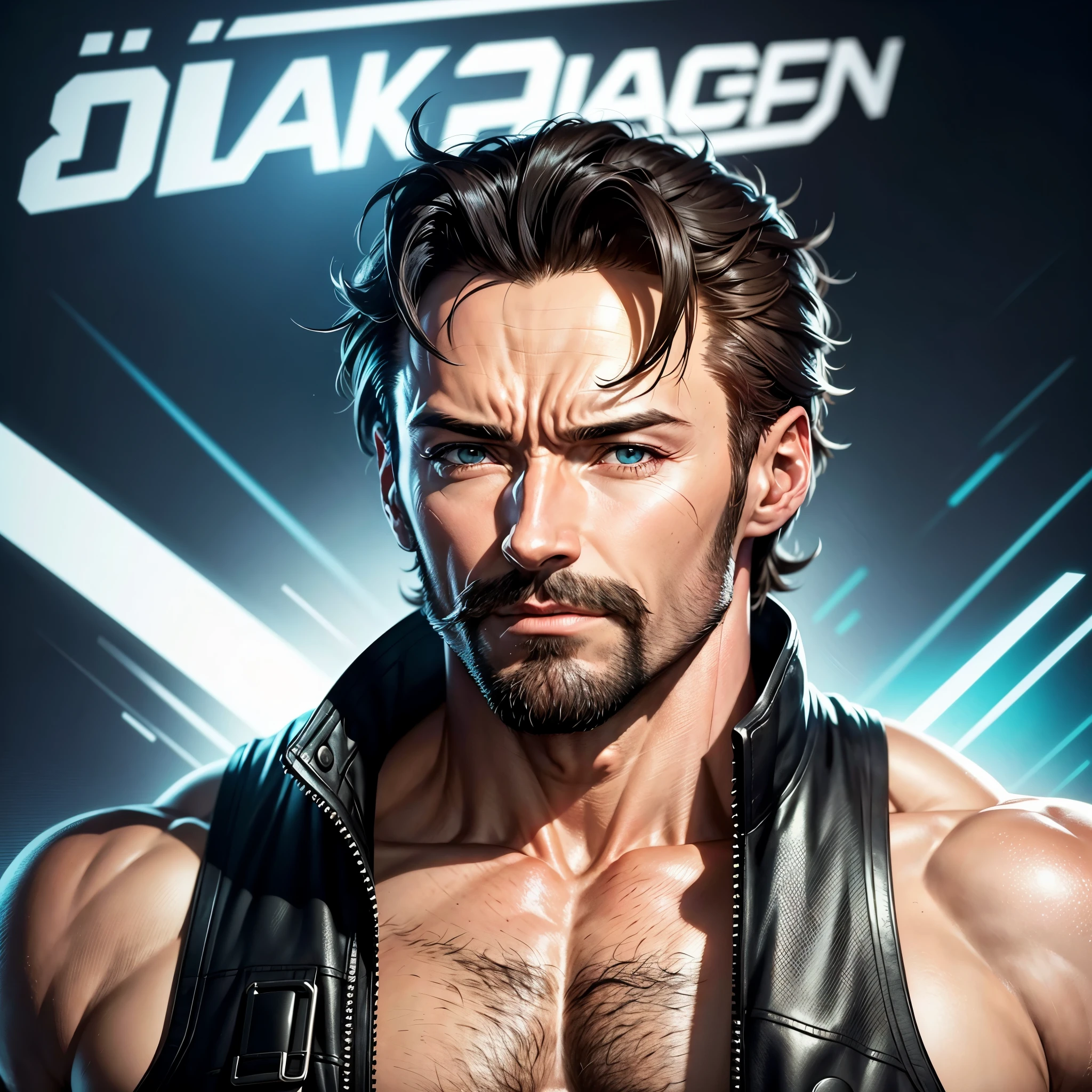 Actor "Hugh Jackman" con bigote y barba, Solo, headshot foto de perfil, foto de perfil, Mirando directamente al espectador, Imagen de muy alta calidad, iluminado desde un lado, Foto tomada a principios de 2020, Solo mostrando la cabeza, Estilo anime cyberpunk, Se muestra una playa de fondo, With the skin of a 25 year old young man.