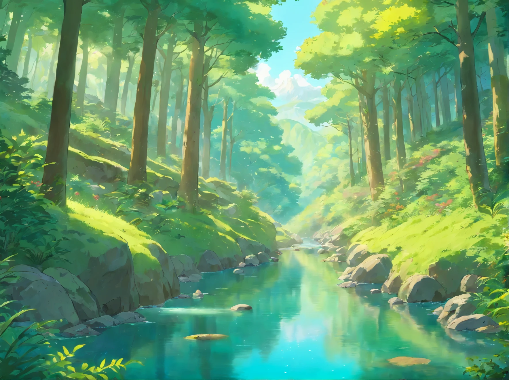 Soft color, studio ghibli, ghibli style, soft tone, lense flare, 90s film style, desk, flower pot, journal, pen. window, forest, hills, Kodak, film grains, hue, anime, Cinematic, high detail, film grain, Fujicolor, UHD, retina, masterpiece, super detail, high details, best quality, 8k, 4K